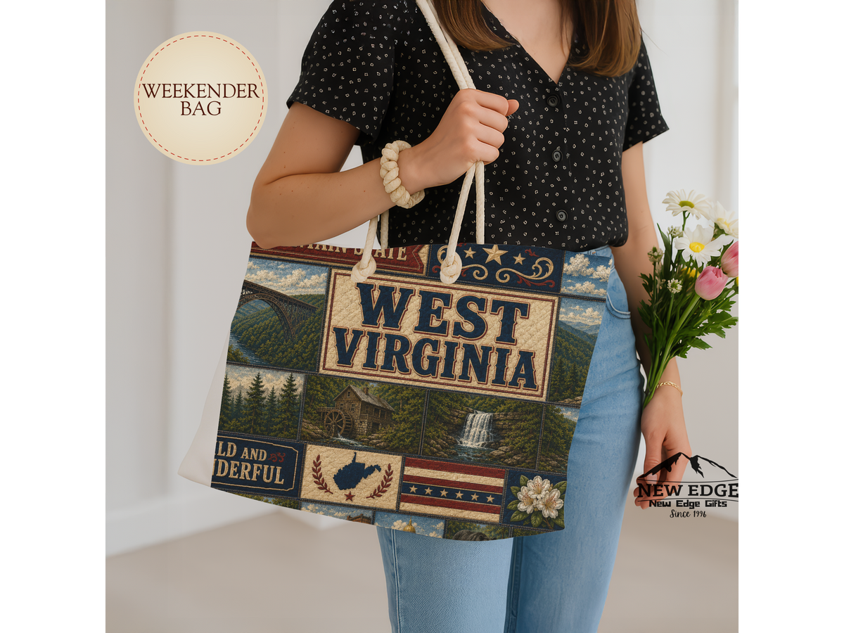 West Virginia Weekender Bag Wild and Wonderful Faux Patchwork Travel Tote Mountain State Adventure Overnight Gift