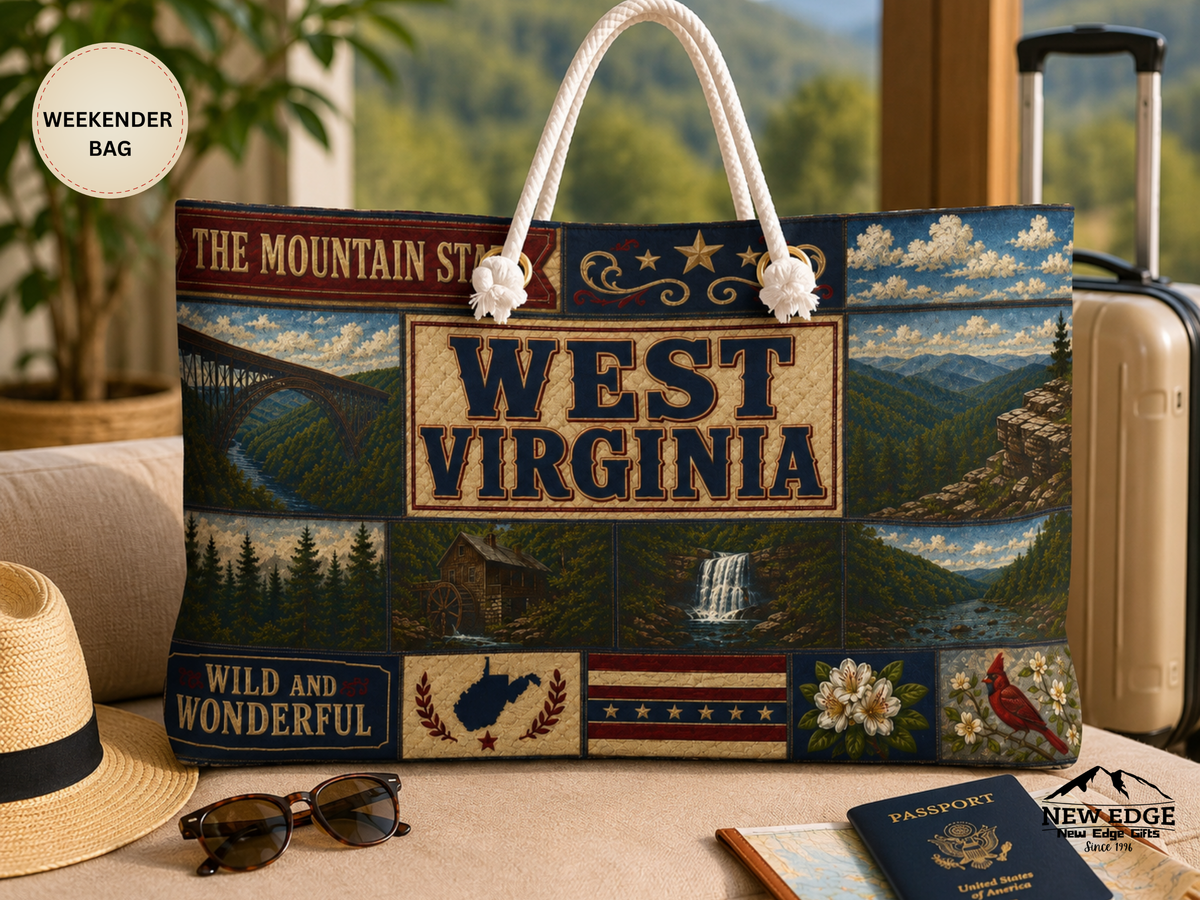 West Virginia Weekender Bag Wild and Wonderful Faux Patchwork Travel Tote Mountain State Adventure Overnight Gift