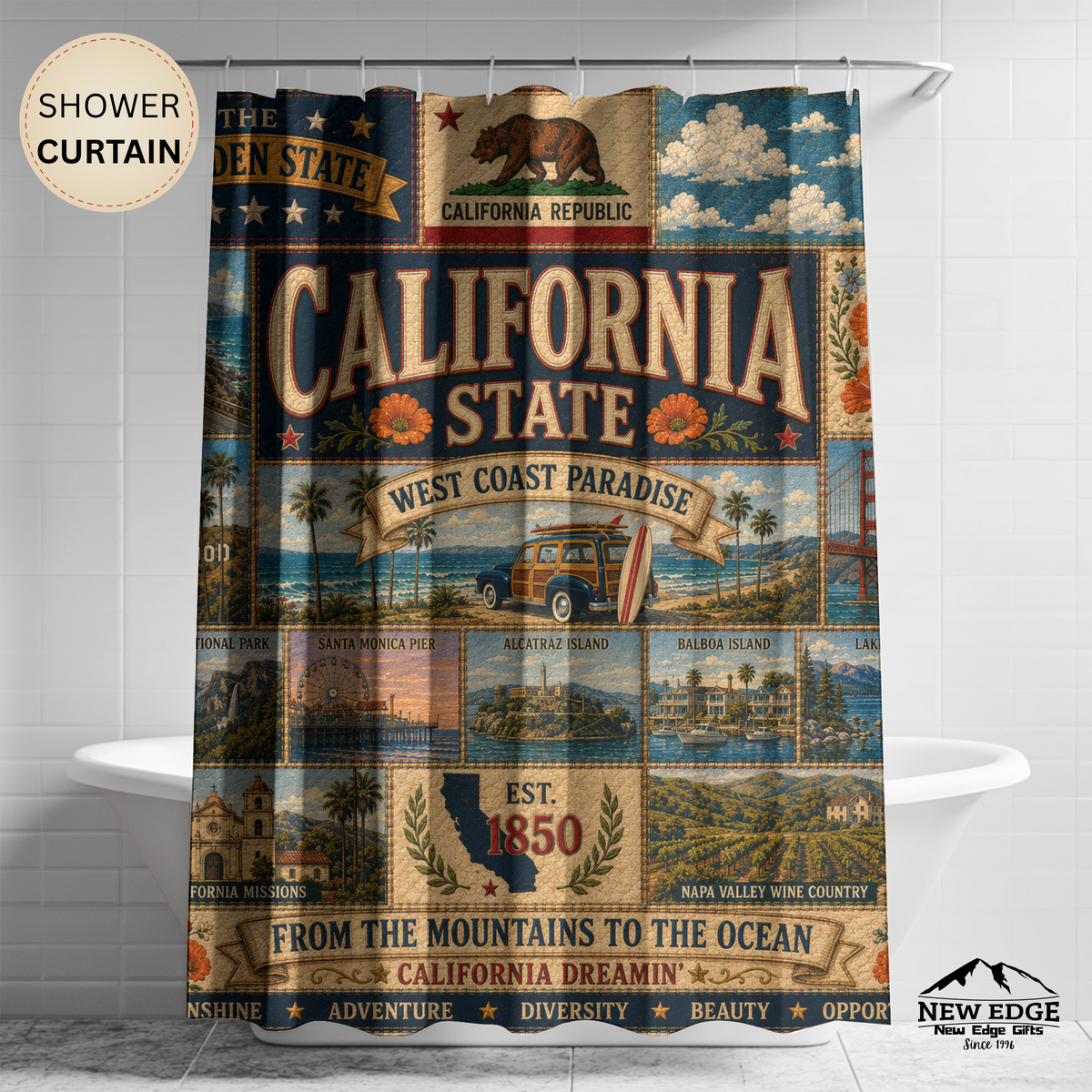California State Shower Curtain Golden State Faux Patchwork West Coast Paradise Iconic Landmarks California Dreamin Bathroom Decor