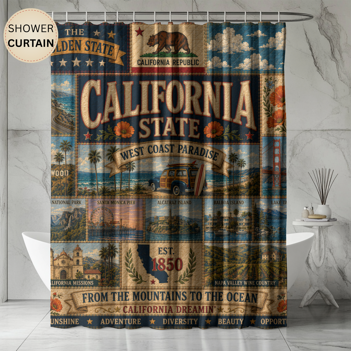 California State Shower Curtain Golden State Faux Patchwork West Coast Paradise Iconic Landmarks California Dreamin Bathroom Decor