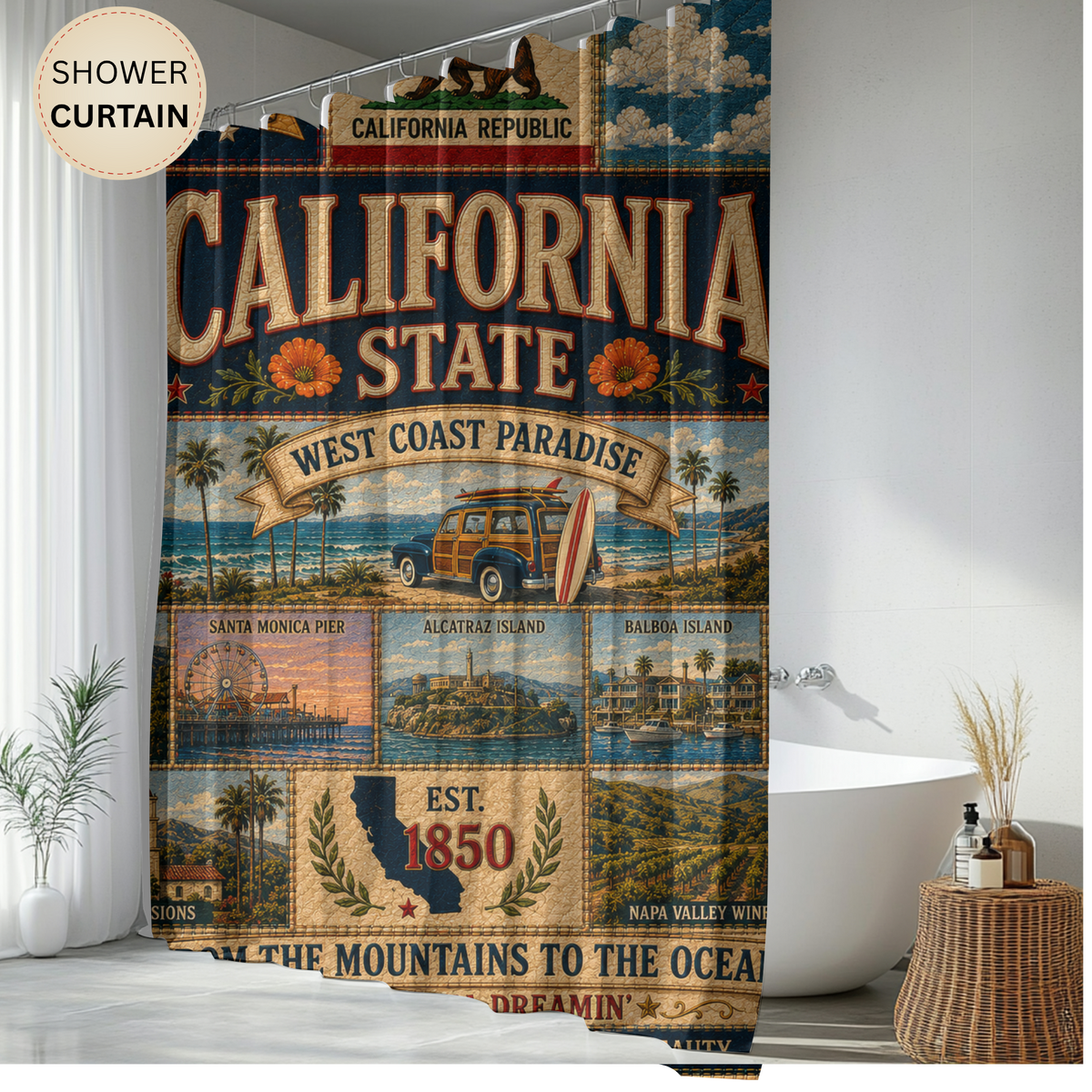 California State Shower Curtain Golden State Faux Patchwork West Coast Paradise Iconic Landmarks California Dreamin Bathroom Decor