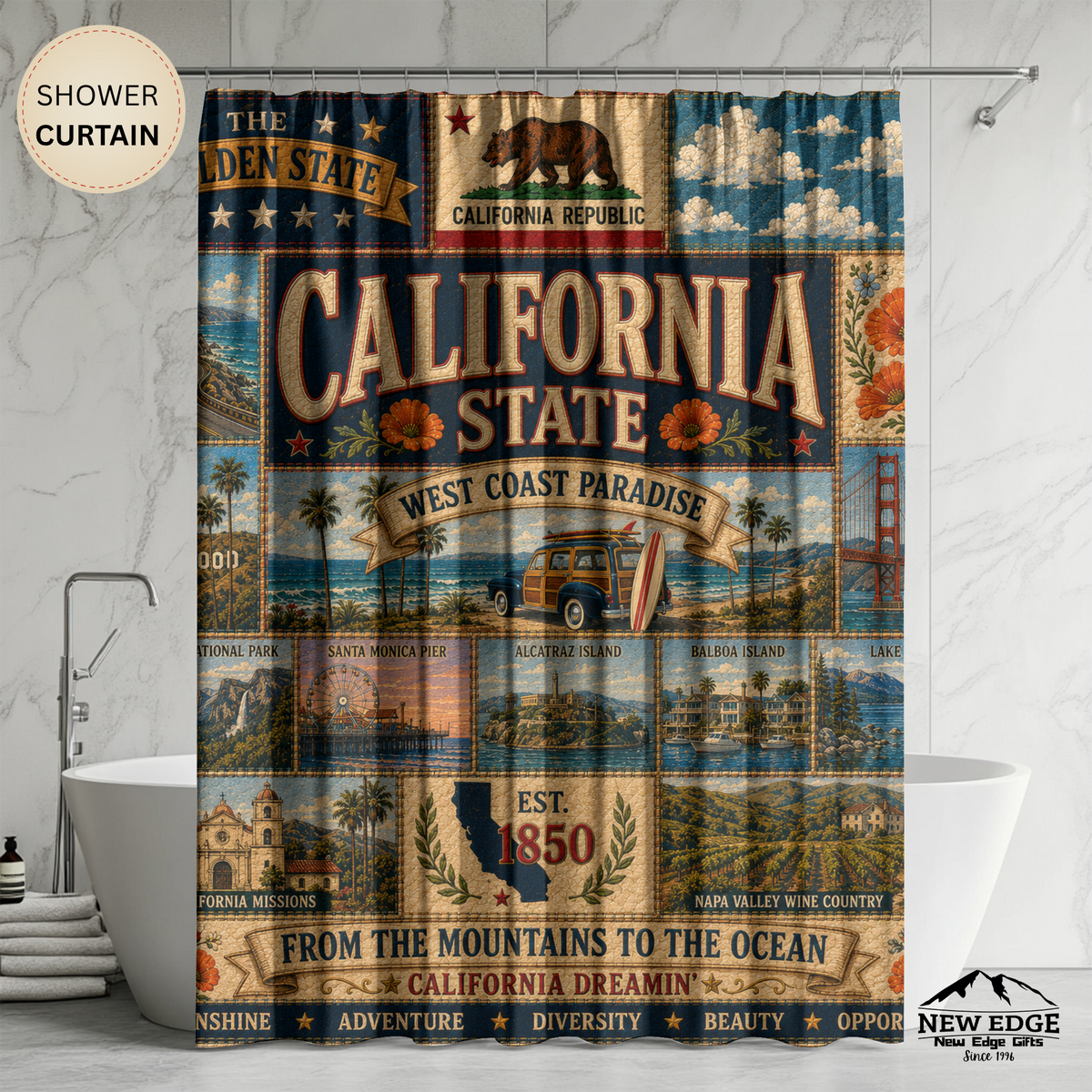 California State Shower Curtain Golden State Faux Patchwork West Coast Paradise Iconic Landmarks California Dreamin Bathroom Decor