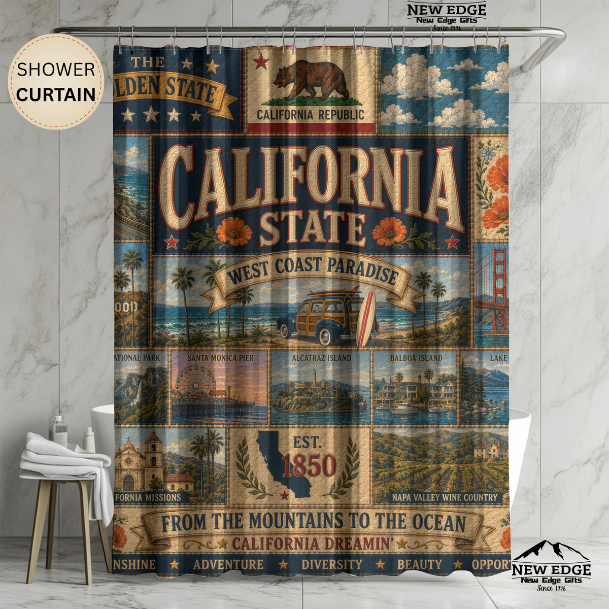 California State Shower Curtain Golden State Faux Patchwork West Coast Paradise Iconic Landmarks California Dreamin Bathroom Decor