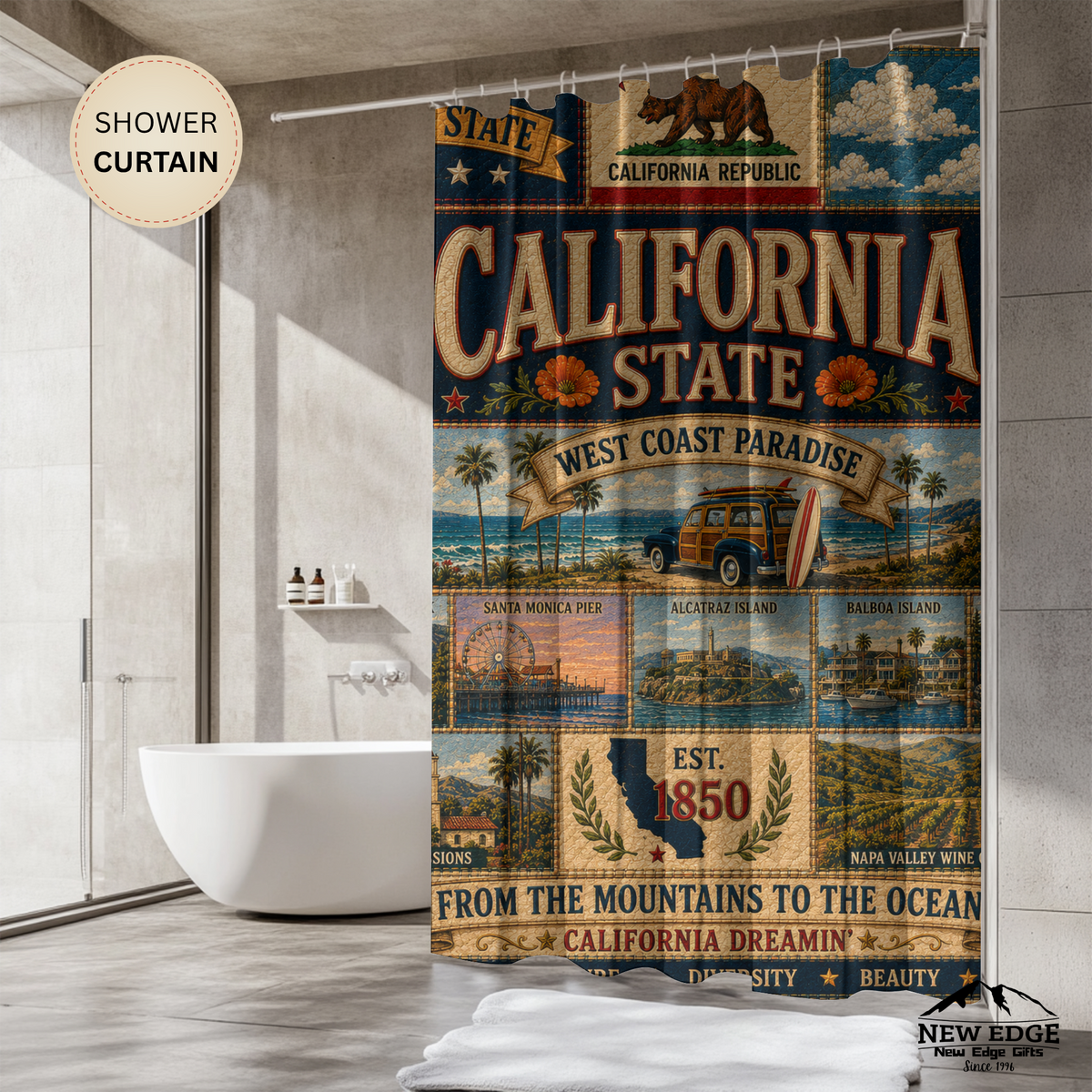 California State Shower Curtain Golden State Faux Patchwork West Coast Paradise Iconic Landmarks California Dreamin Bathroom Decor