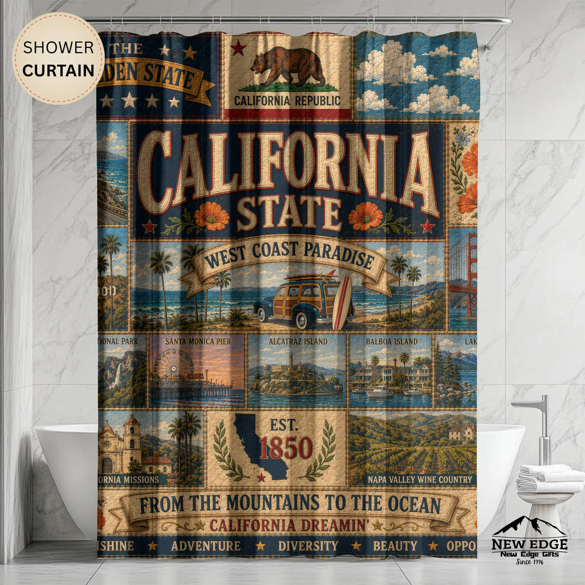 California State Shower Curtain Golden State Faux Patchwork West Coast Paradise Iconic Landmarks California Dreamin Bathroom Decor