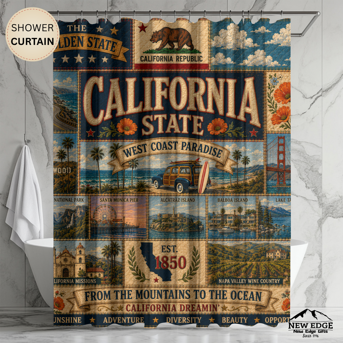 California State Shower Curtain Golden State Faux Patchwork West Coast Paradise Iconic Landmarks California Dreamin Bathroom Decor