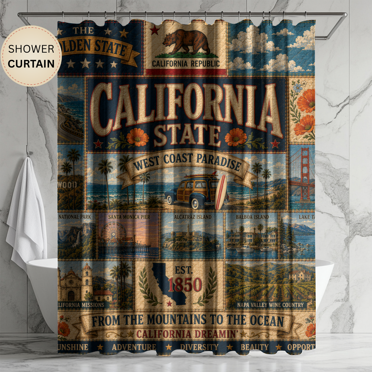 California State Shower Curtain Golden State Faux Patchwork West Coast Paradise Iconic Landmarks California Dreamin Bathroom Decor