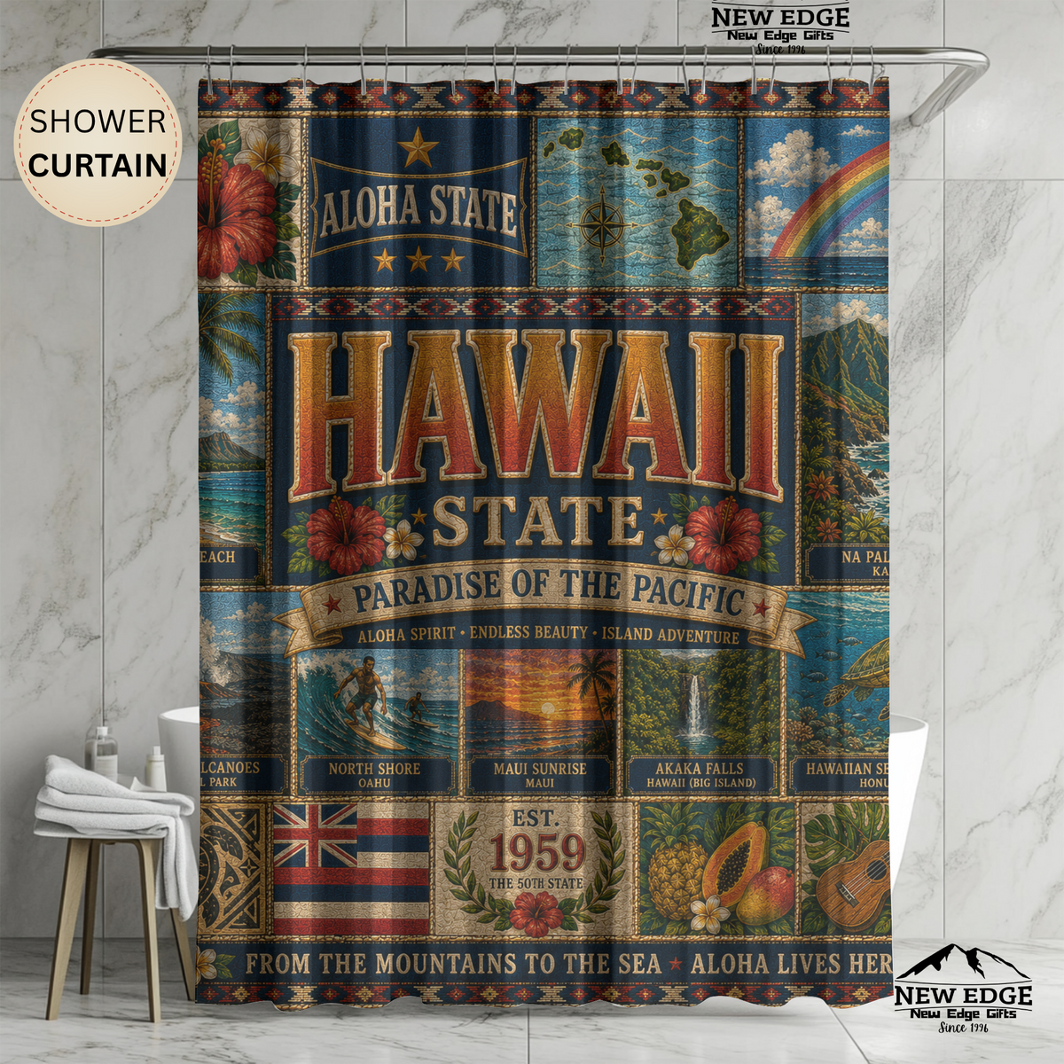 Hawaii State Shower Curtain Aloha State Faux Patchwork Paradise of the Pacific Tropical Island Landmarks Hawaiian Bathroom Decor