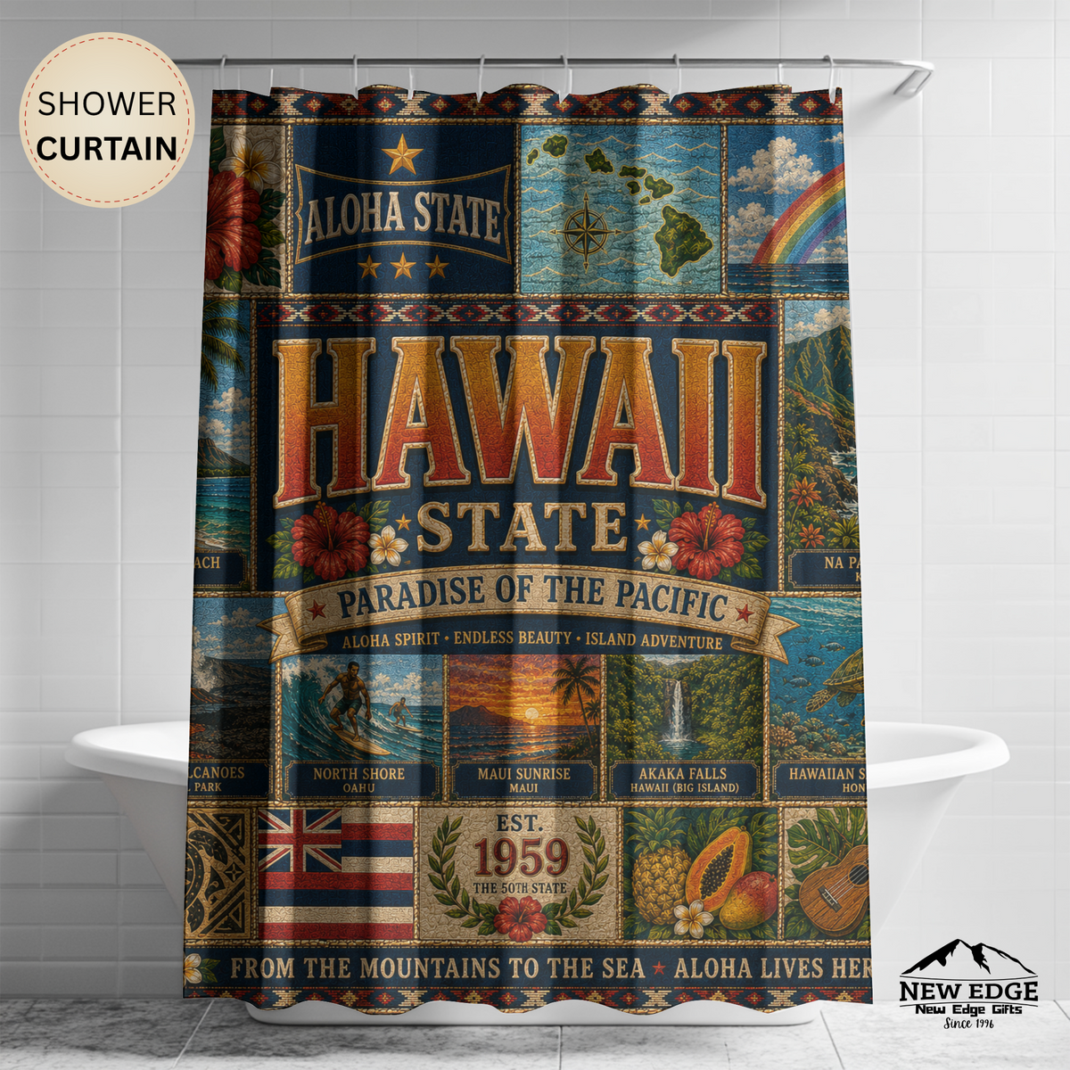 Hawaii State Shower Curtain Aloha State Faux Patchwork Paradise of the Pacific Tropical Island Landmarks Hawaiian Bathroom Decor