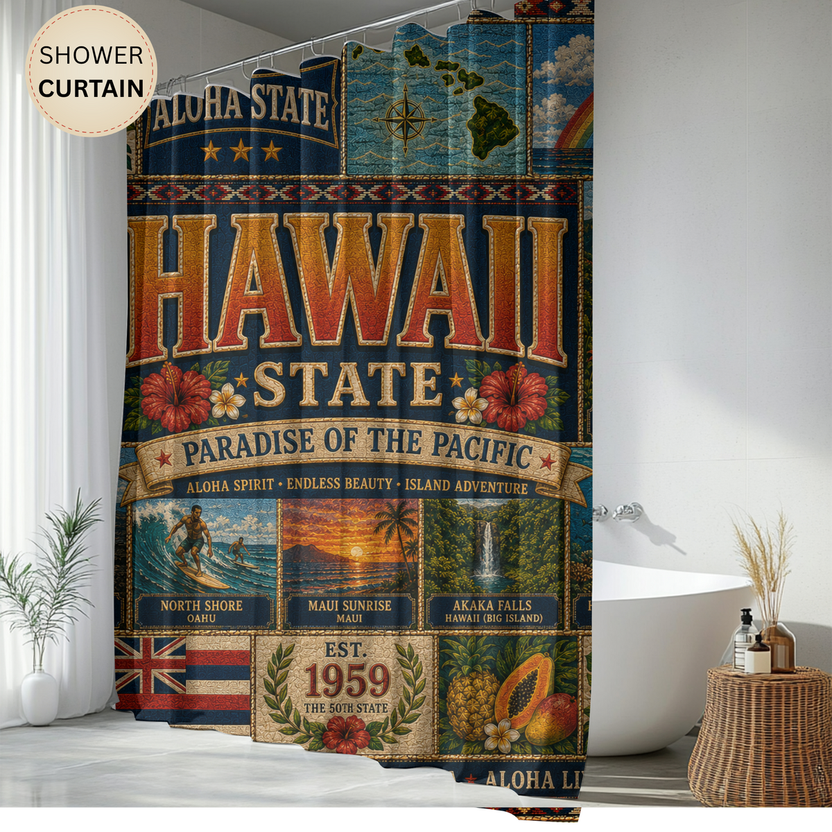 Hawaii State Shower Curtain Aloha State Faux Patchwork Paradise of the Pacific Tropical Island Landmarks Hawaiian Bathroom Decor