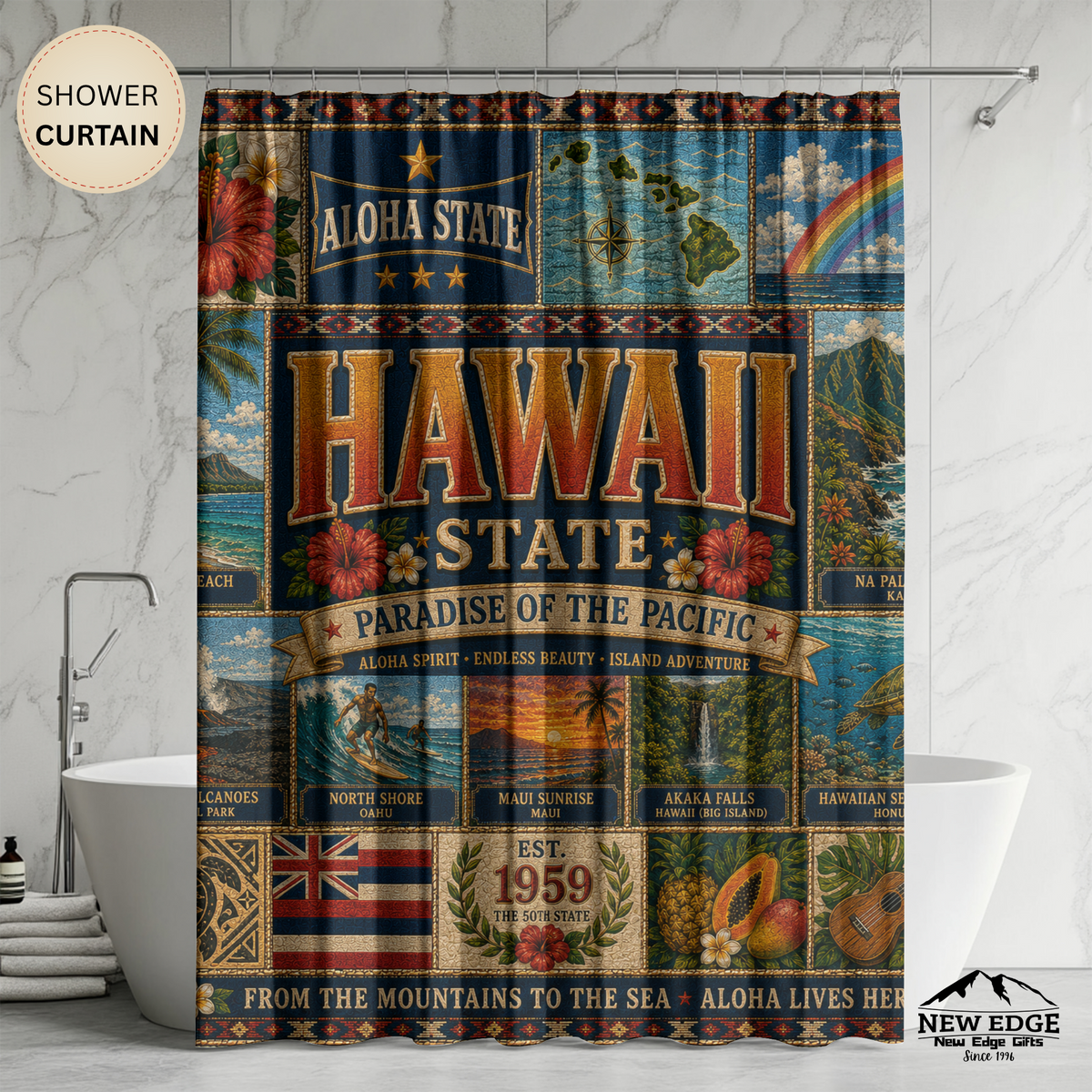Hawaii State Shower Curtain Aloha State Faux Patchwork Paradise of the Pacific Tropical Island Landmarks Hawaiian Bathroom Decor