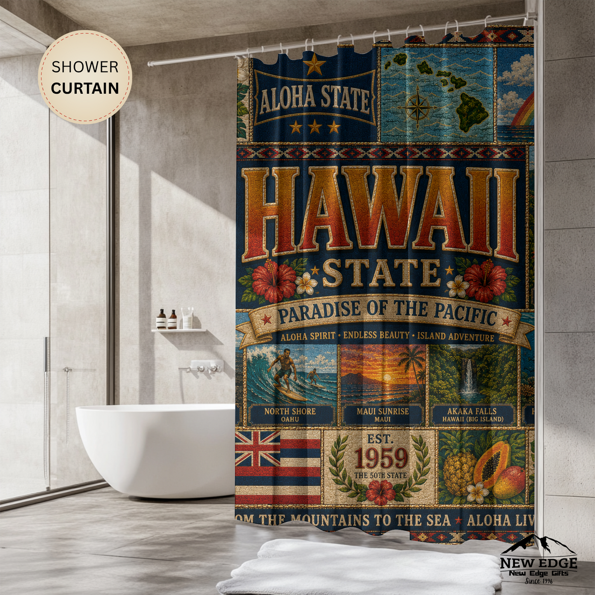 Hawaii State Shower Curtain Aloha State Faux Patchwork Paradise of the Pacific Tropical Island Landmarks Hawaiian Bathroom Decor