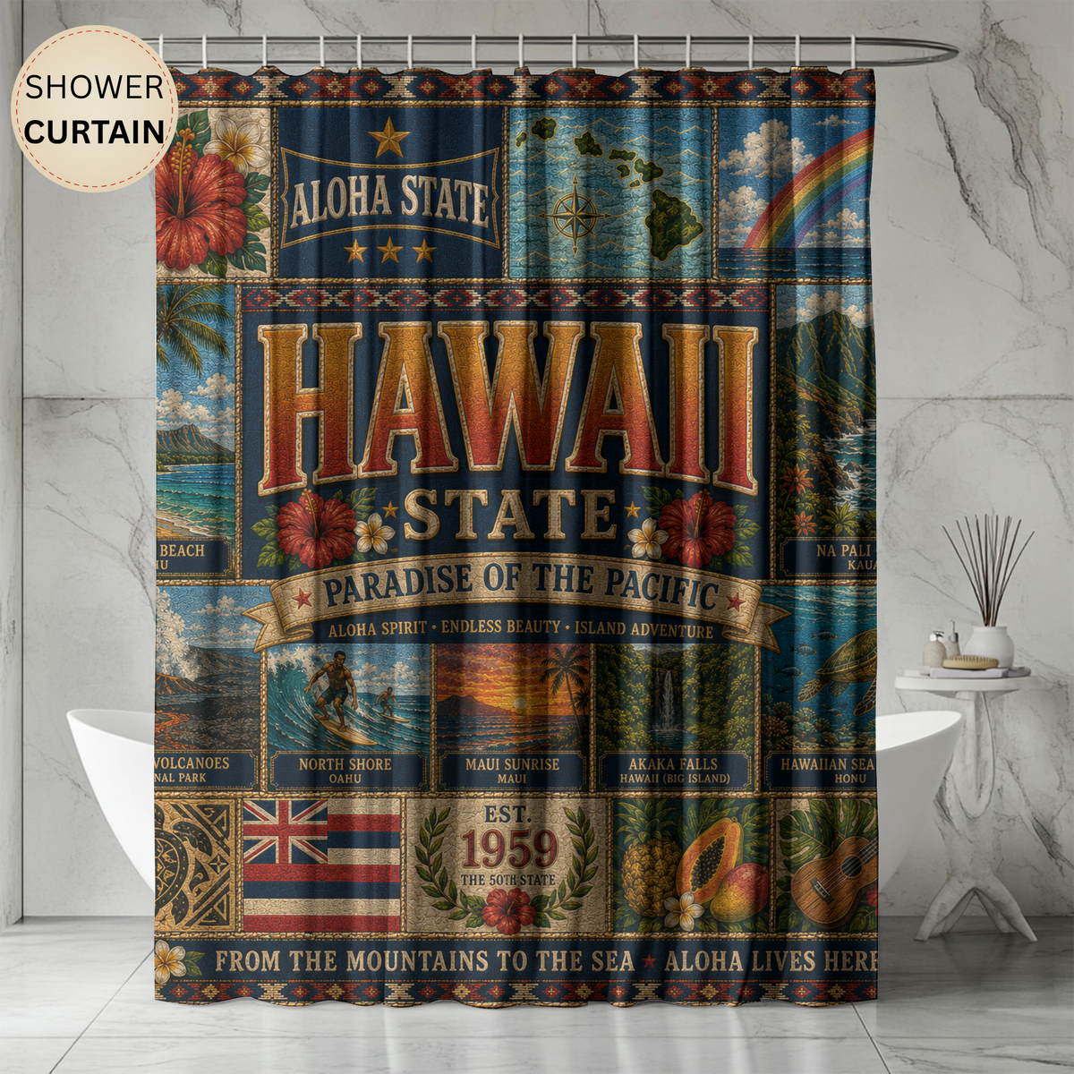 Hawaii State Shower Curtain Aloha State Faux Patchwork Paradise of the Pacific Tropical Island Landmarks Hawaiian Bathroom Decor