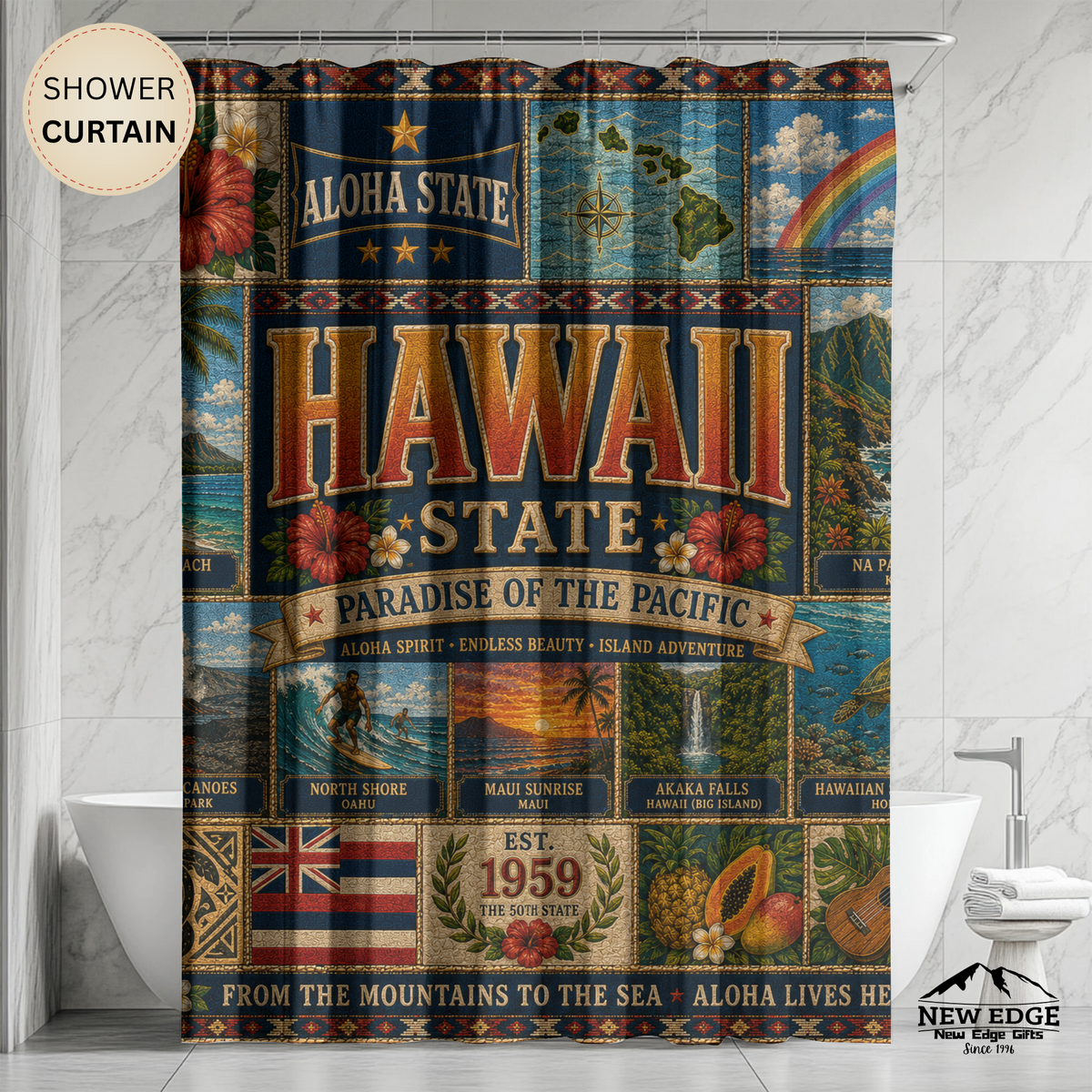 Hawaii State Shower Curtain Aloha State Faux Patchwork Paradise of the Pacific Tropical Island Landmarks Hawaiian Bathroom Decor