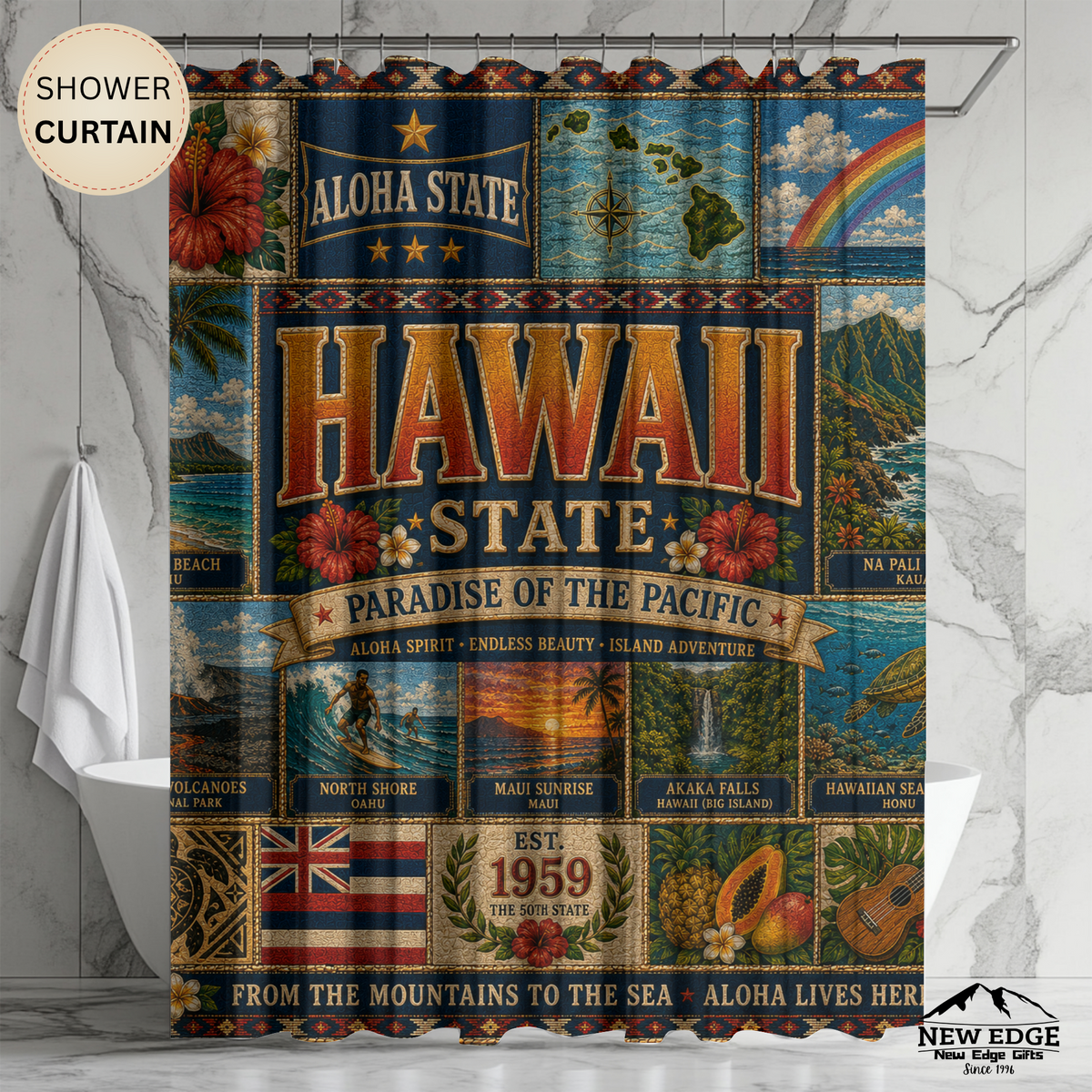 Hawaii State Shower Curtain Aloha State Faux Patchwork Paradise of the Pacific Tropical Island Landmarks Hawaiian Bathroom Decor