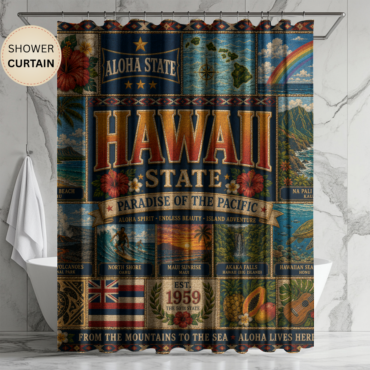 Hawaii State Shower Curtain Aloha State Faux Patchwork Paradise of the Pacific Tropical Island Landmarks Hawaiian Bathroom Decor