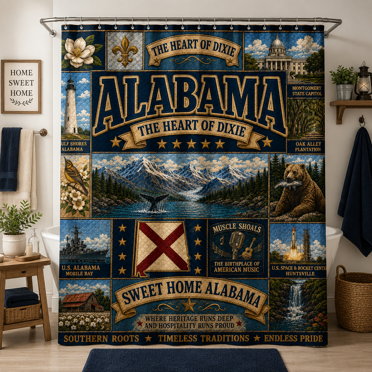 Alabama State Shower Curtain Heart of Dixie Faux Patchwork Southern Landmarks Sweet Home Alabama Bathroom Decor