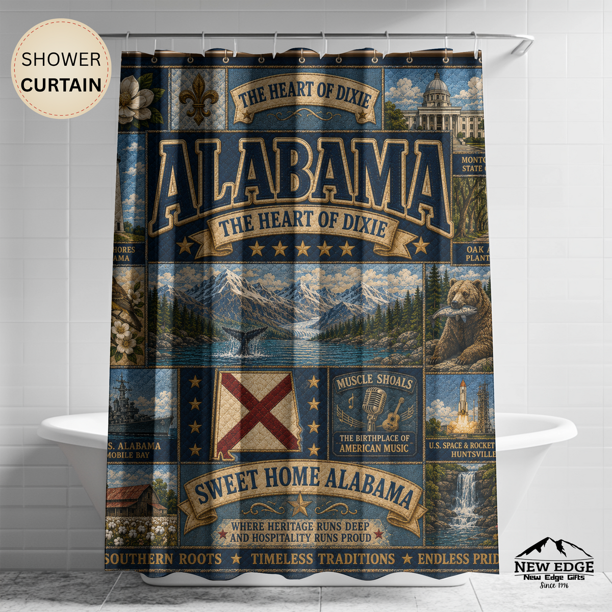 Alabama State Shower Curtain Heart of Dixie Faux Patchwork Southern Landmarks Sweet Home Alabama Bathroom Decor