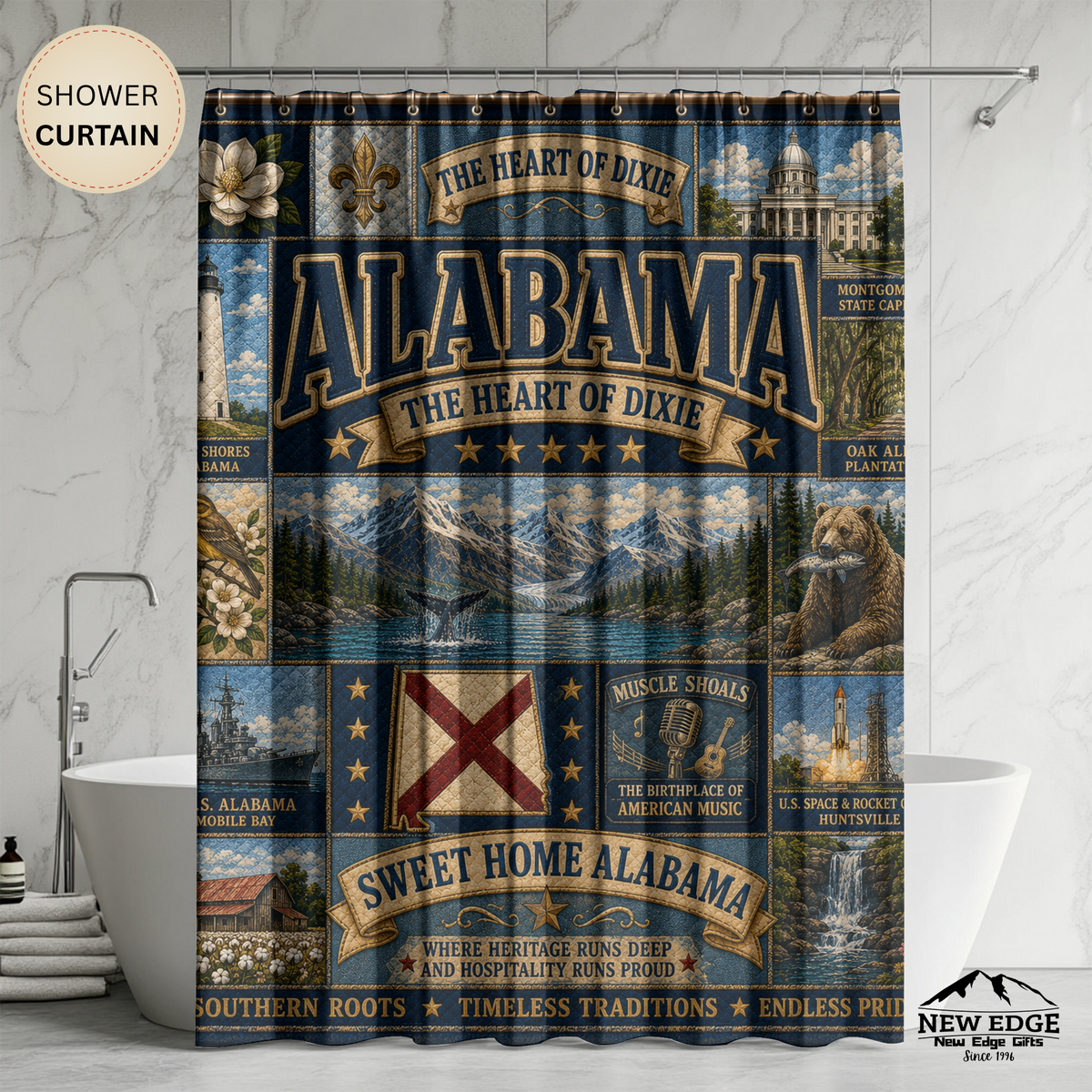 Alabama State Shower Curtain Heart of Dixie Faux Patchwork Southern Landmarks Sweet Home Alabama Bathroom Decor