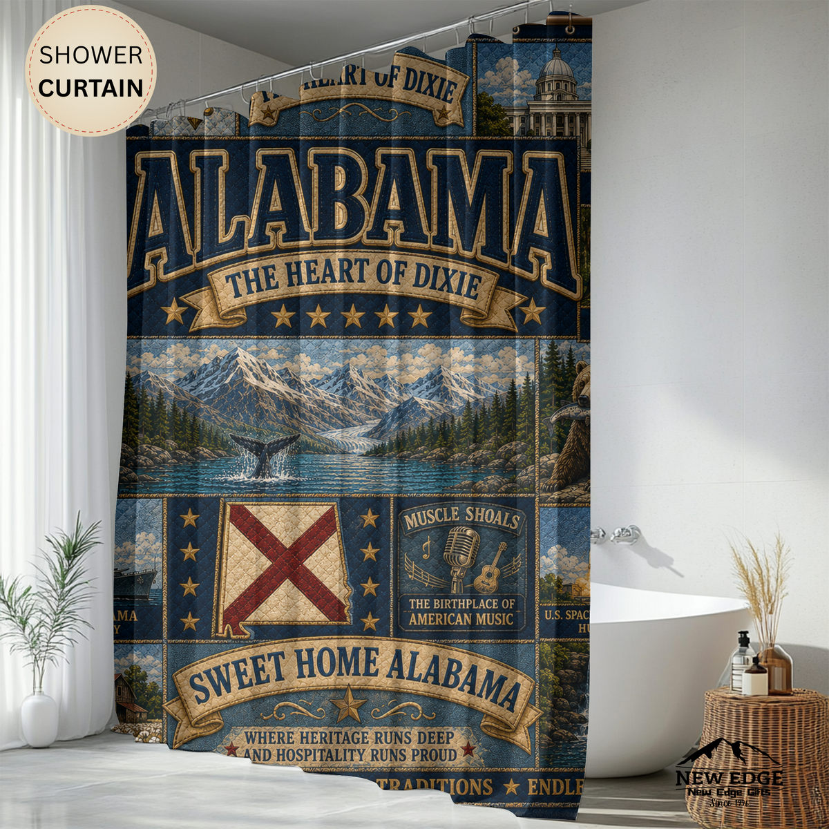 Alabama State Shower Curtain Heart of Dixie Faux Patchwork Southern Landmarks Sweet Home Alabama Bathroom Decor