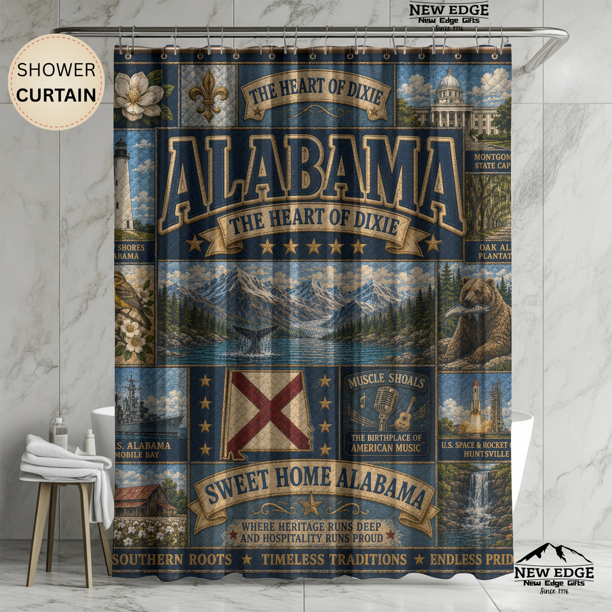 Alabama State Shower Curtain Heart of Dixie Faux Patchwork Southern Landmarks Sweet Home Alabama Bathroom Decor