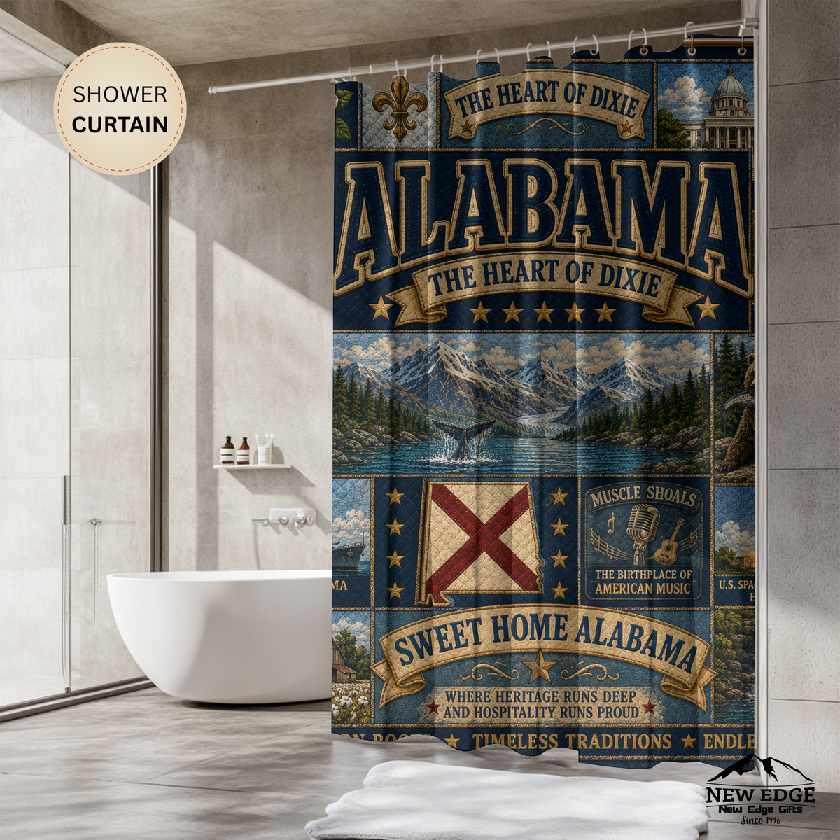 Alabama State Shower Curtain Heart of Dixie Faux Patchwork Southern Landmarks Sweet Home Alabama Bathroom Decor