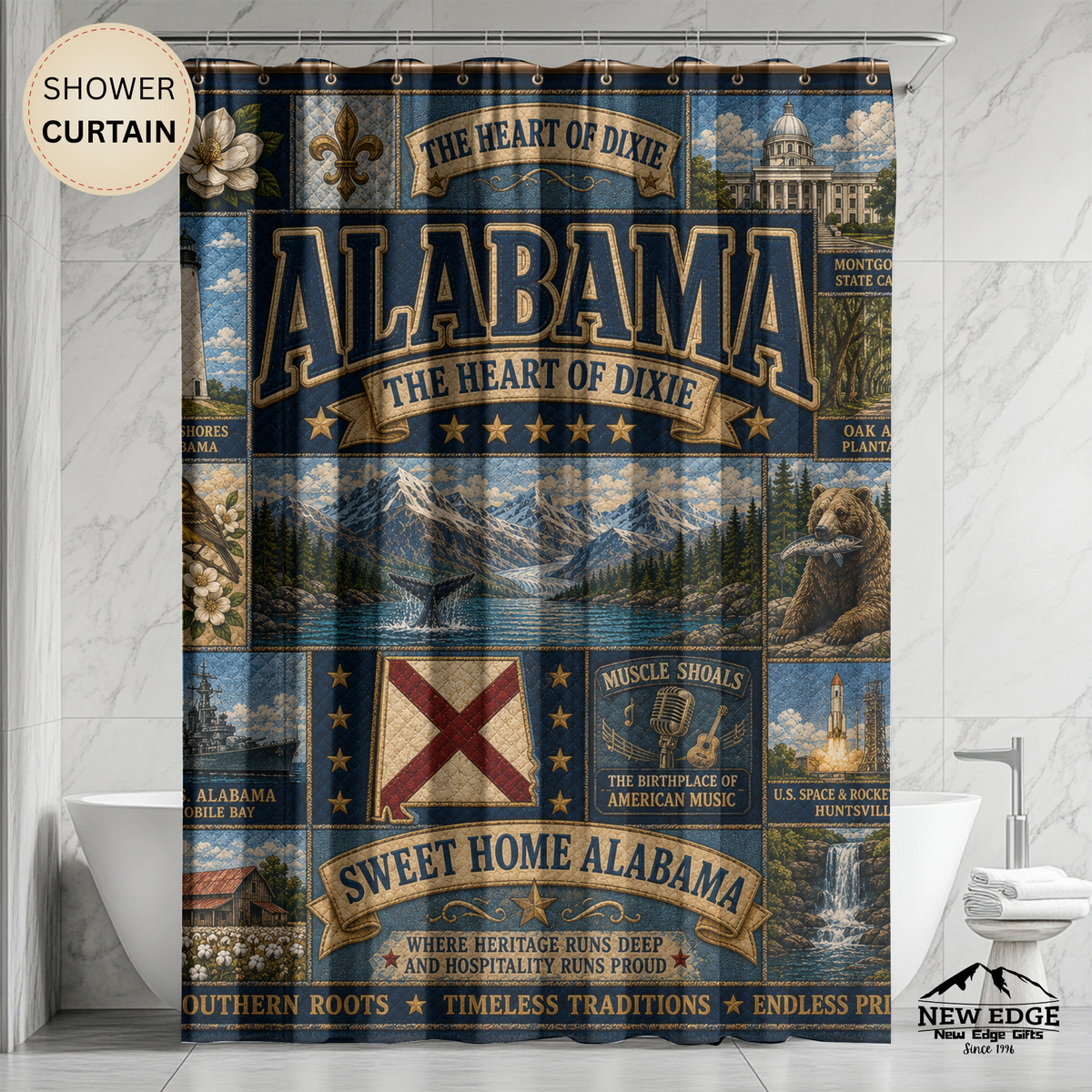 Alabama State Shower Curtain Heart of Dixie Faux Patchwork Southern Landmarks Sweet Home Alabama Bathroom Decor