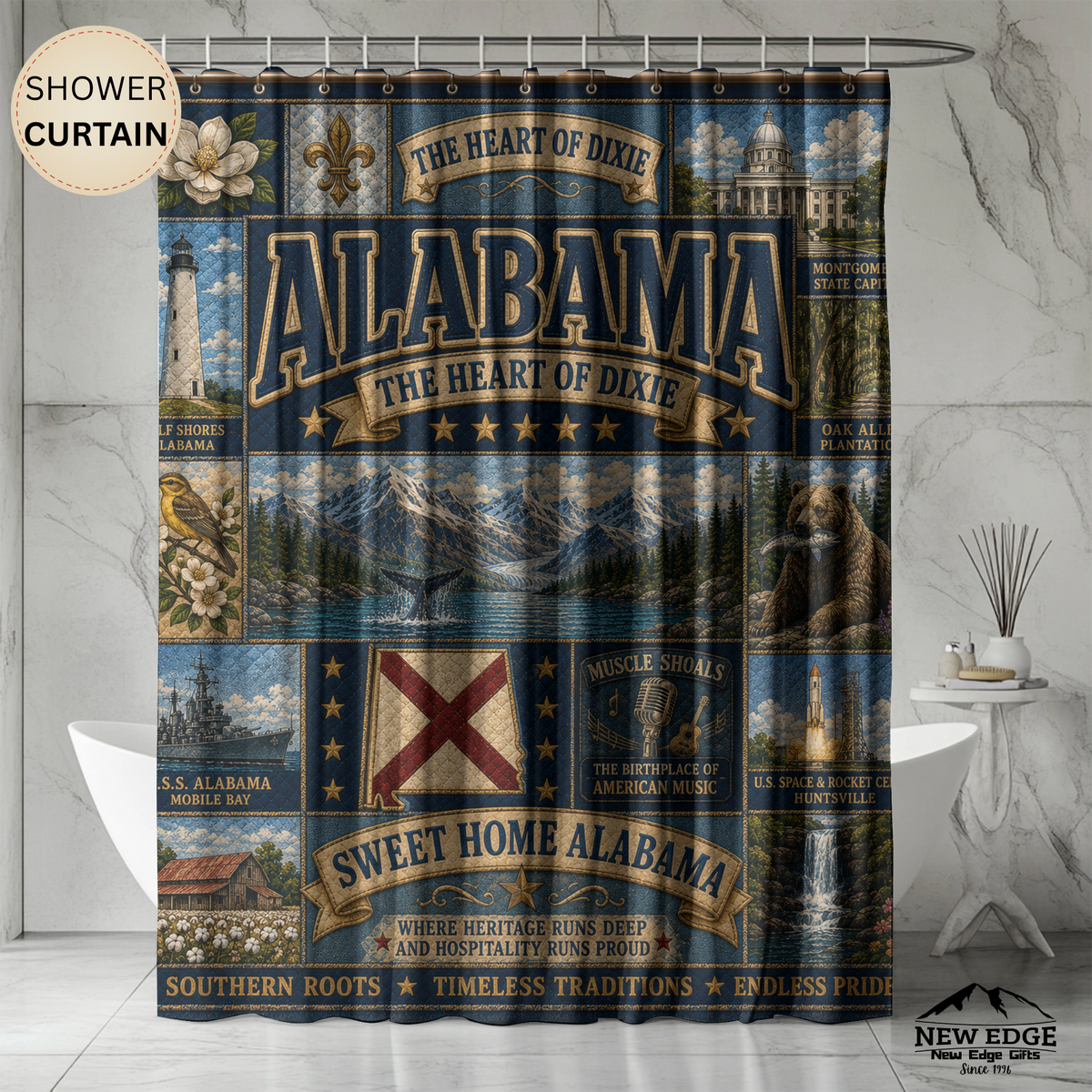 Alabama State Shower Curtain Heart of Dixie Faux Patchwork Southern Landmarks Sweet Home Alabama Bathroom Decor