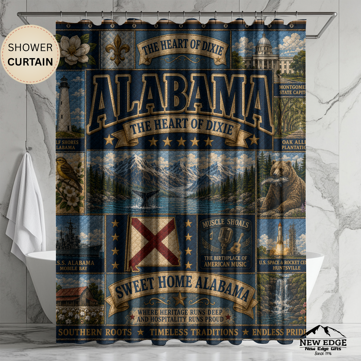 Alabama State Shower Curtain Heart of Dixie Faux Patchwork Southern Landmarks Sweet Home Alabama Bathroom Decor