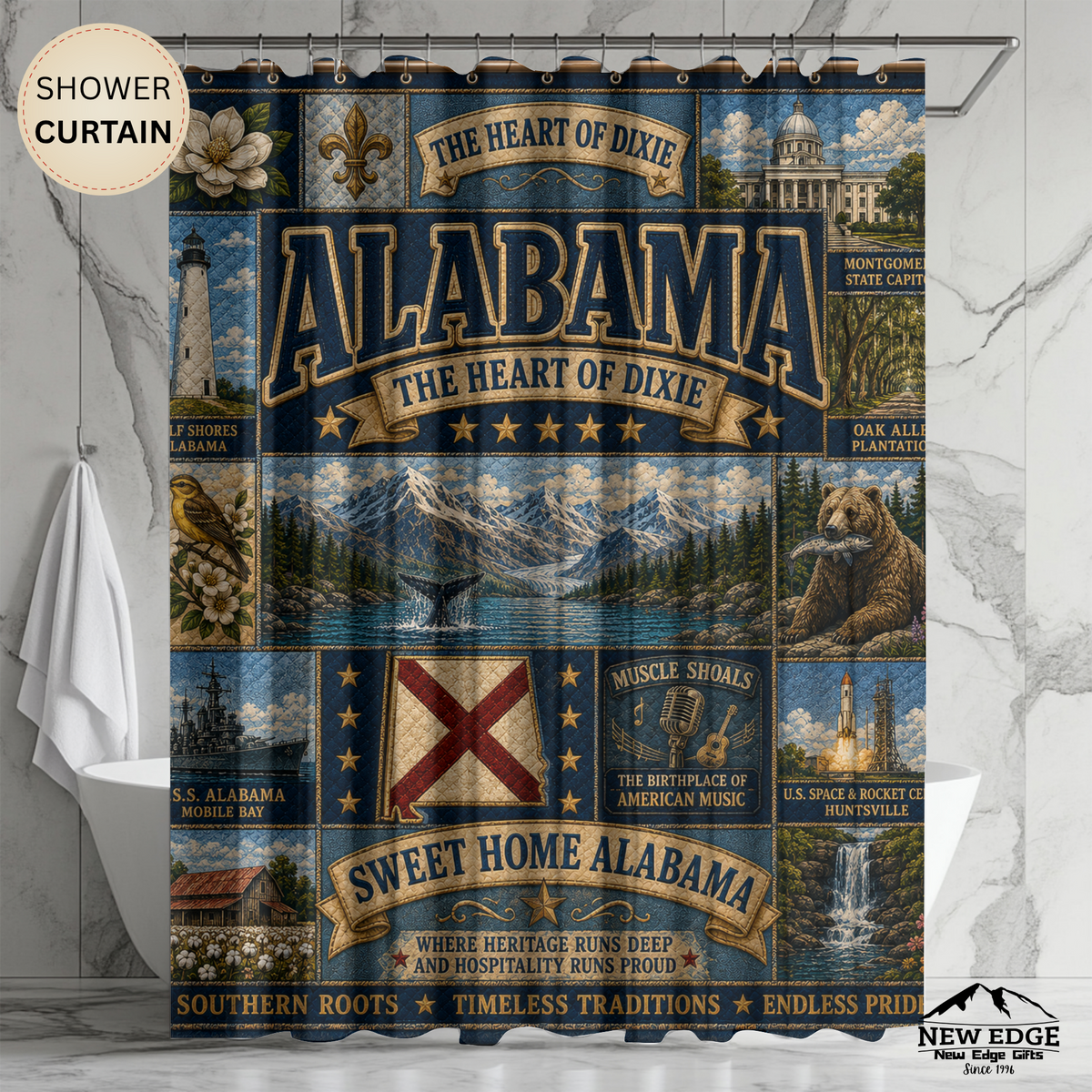 Alabama State Shower Curtain Heart of Dixie Faux Patchwork Southern Landmarks Sweet Home Alabama Bathroom Decor