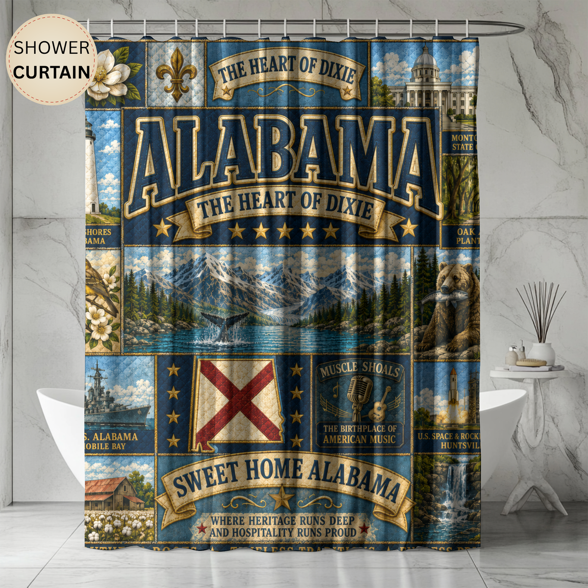 Alabama “Sweet Home” Shower Curtain — The Heart of Dixie State Pride Bathroom Decor