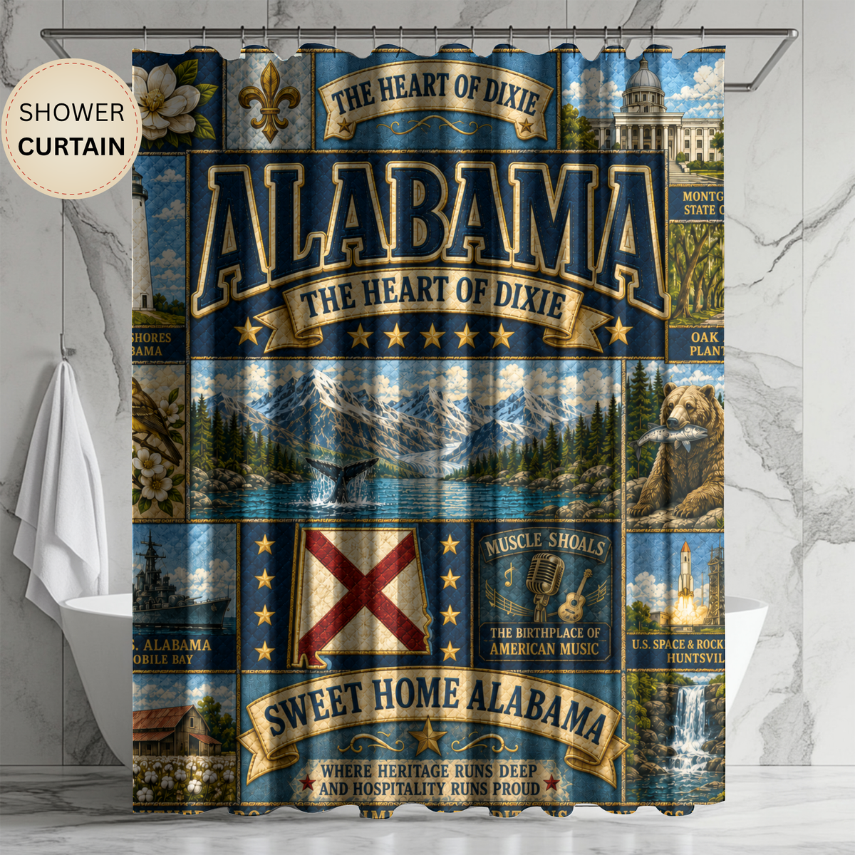 Alabama “Sweet Home” Shower Curtain — The Heart of Dixie State Pride Bathroom Decor