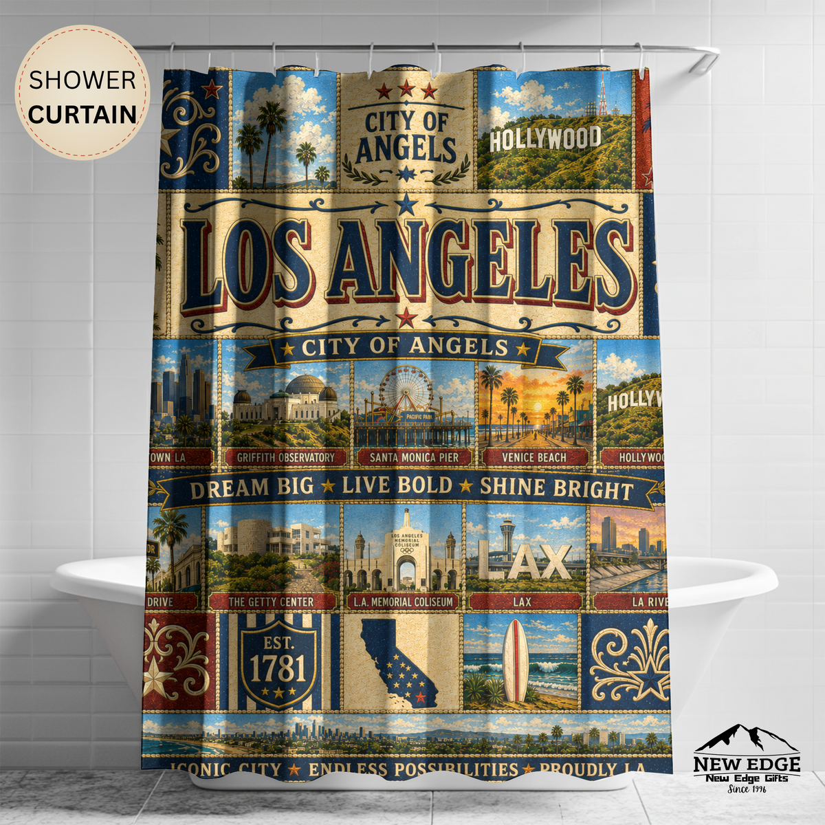 California Shower Curtain, Golden State Decor, West Coast Landmark Faux Patchwork, California Dreaming Bathroom Decor