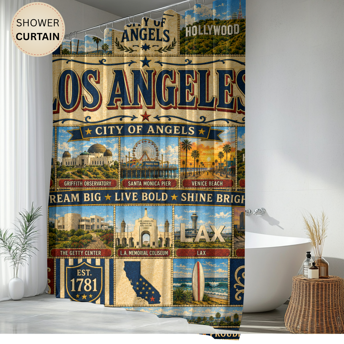 California Shower Curtain, Golden State Decor, West Coast Landmark Faux Patchwork, California Dreaming Bathroom Decor