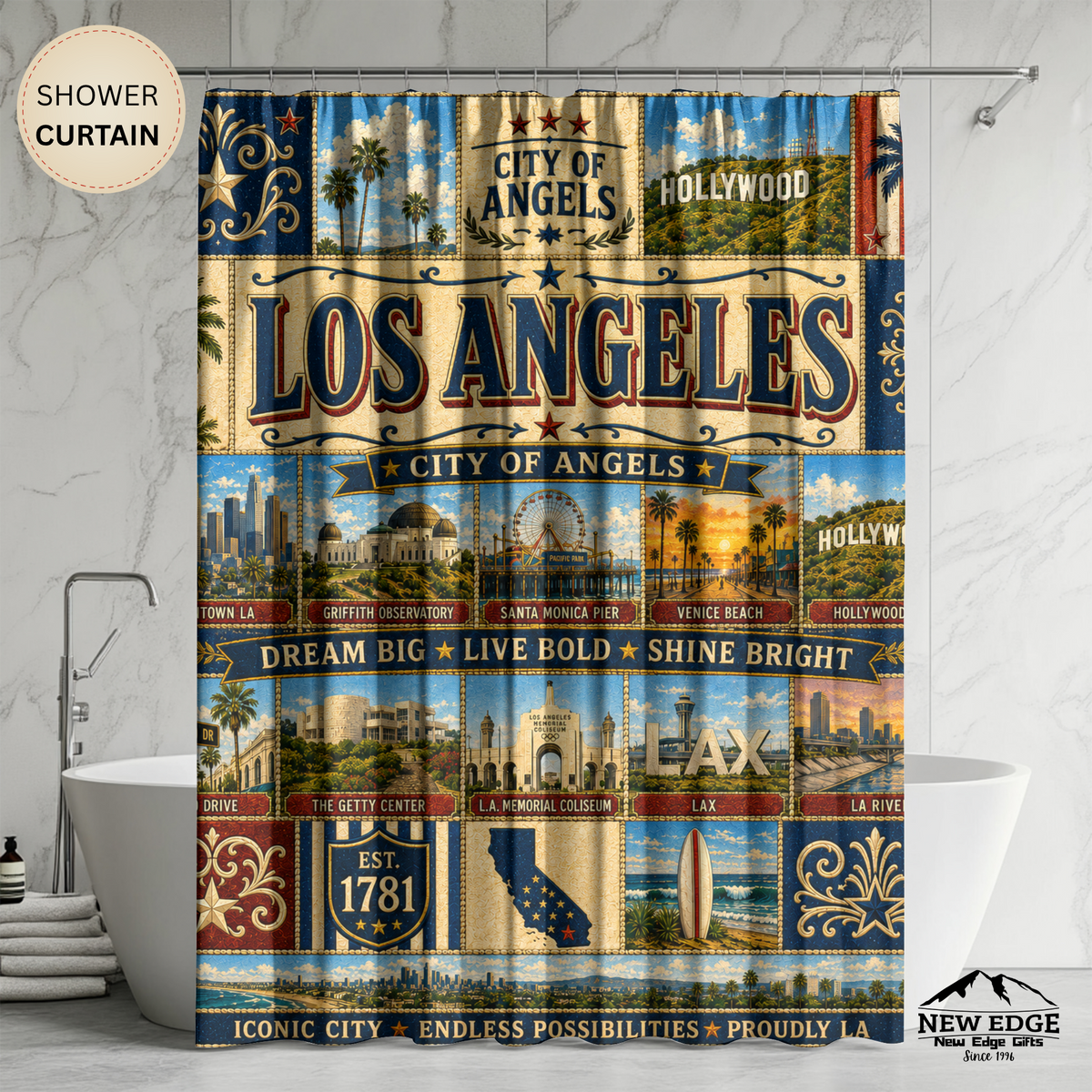 California Shower Curtain, Golden State Decor, West Coast Landmark Faux Patchwork, California Dreaming Bathroom Decor
