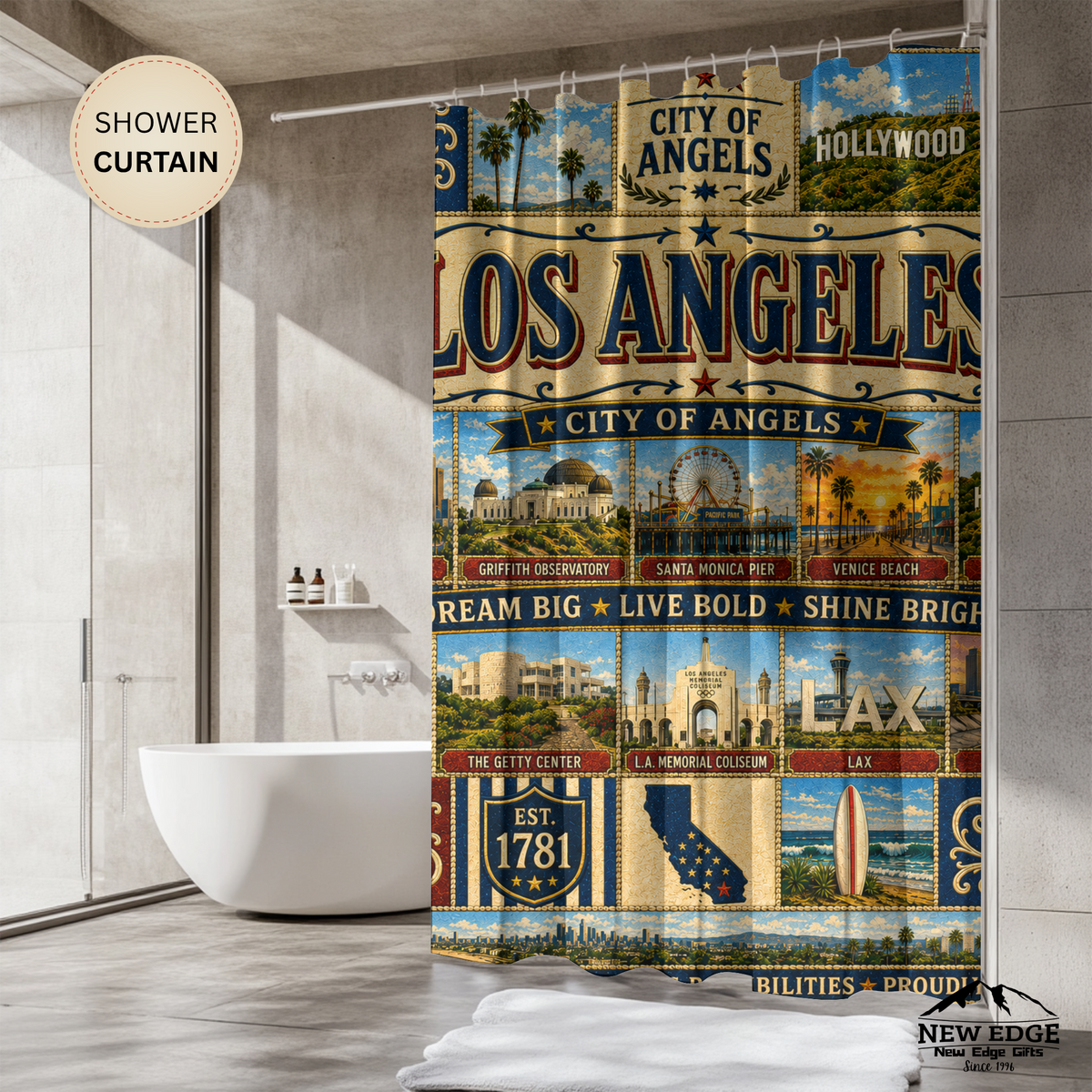 California Shower Curtain, Golden State Decor, West Coast Landmark Faux Patchwork, California Dreaming Bathroom Decor