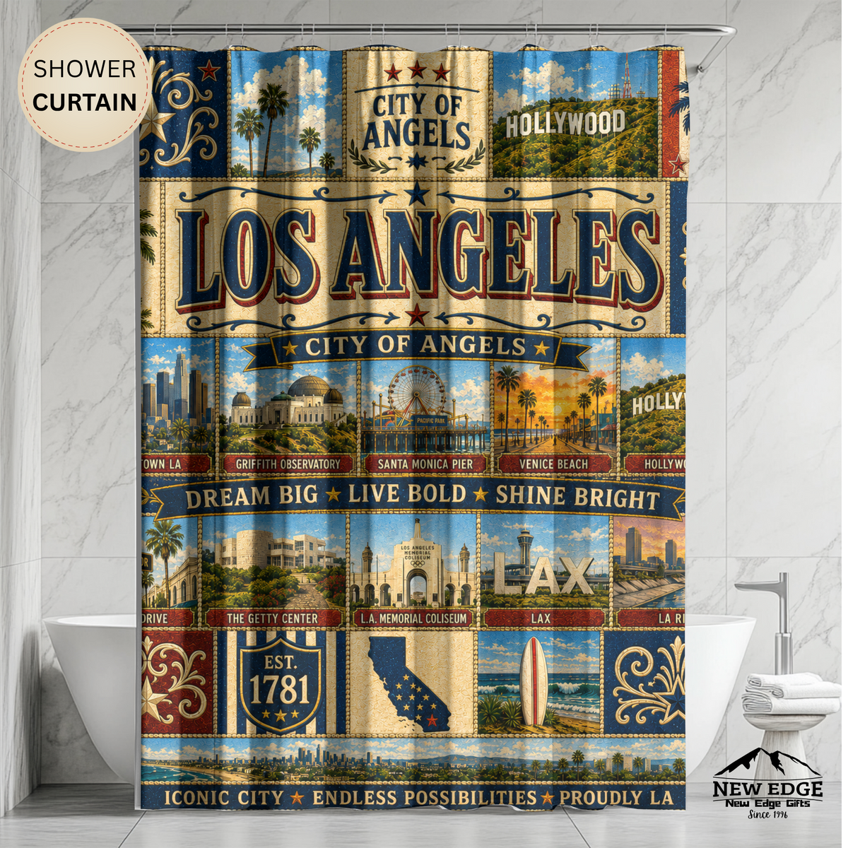 California Shower Curtain, Golden State Decor, West Coast Landmark Faux Patchwork, California Dreaming Bathroom Decor