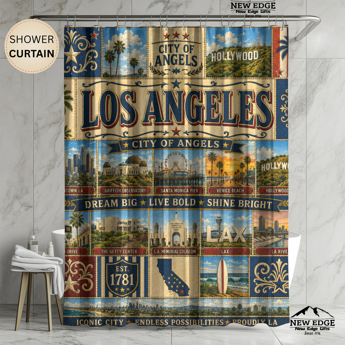 California Shower Curtain, Golden State Decor, West Coast Landmark Faux Patchwork, California Dreaming Bathroom Decor