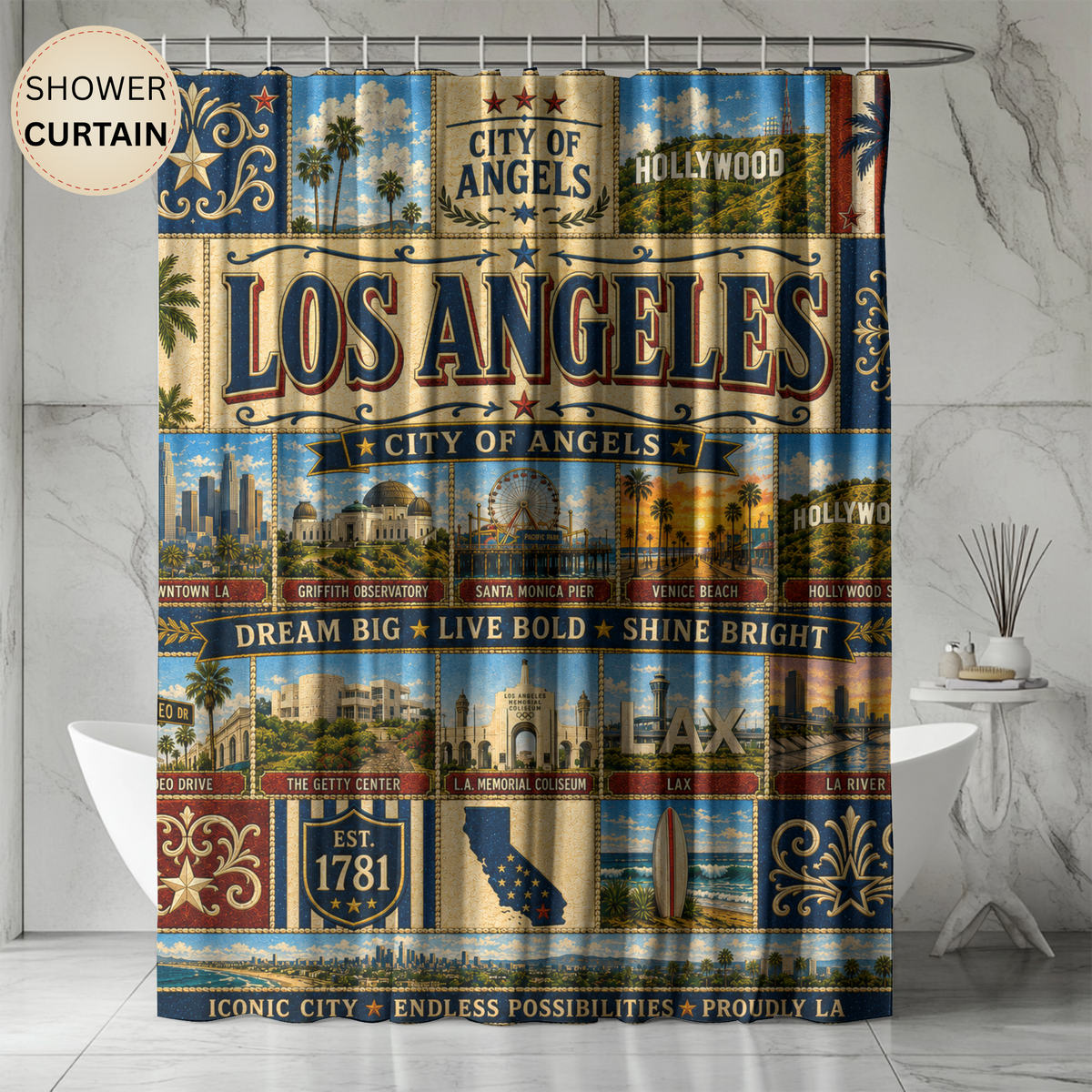 California Shower Curtain, Golden State Decor, West Coast Landmark Faux Patchwork, California Dreaming Bathroom Decor