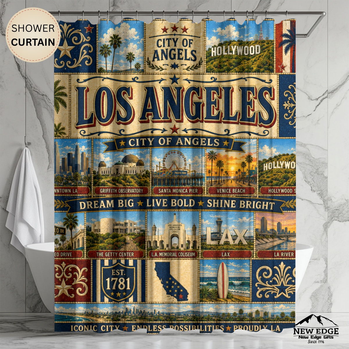 California Shower Curtain, Golden State Decor, West Coast Landmark Faux Patchwork, California Dreaming Bathroom Decor