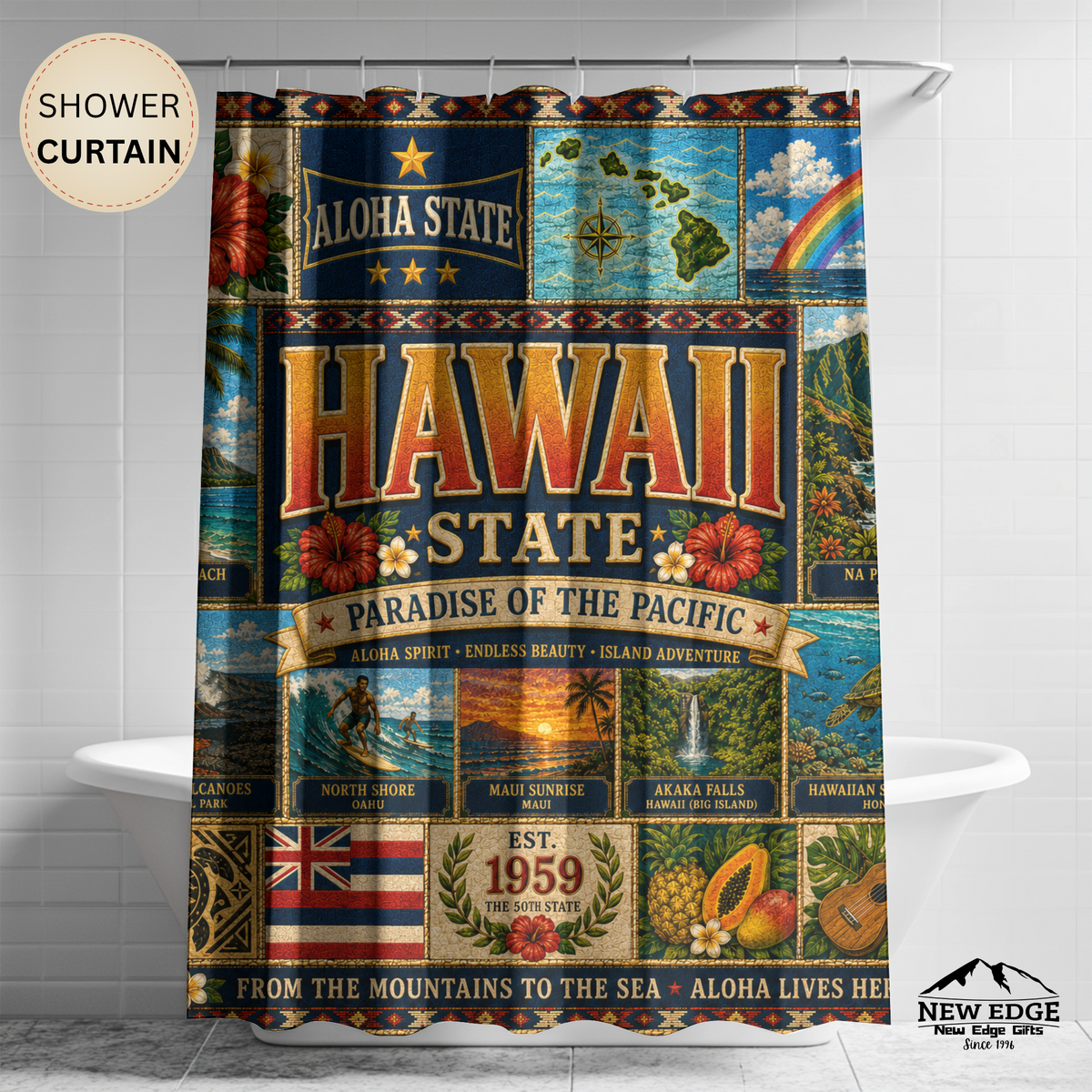 Hawaii Shower Curtain, Aloha State Decor, Tropical Island Faux Patchwork, Hawaiian Landmark Bathroom Decor