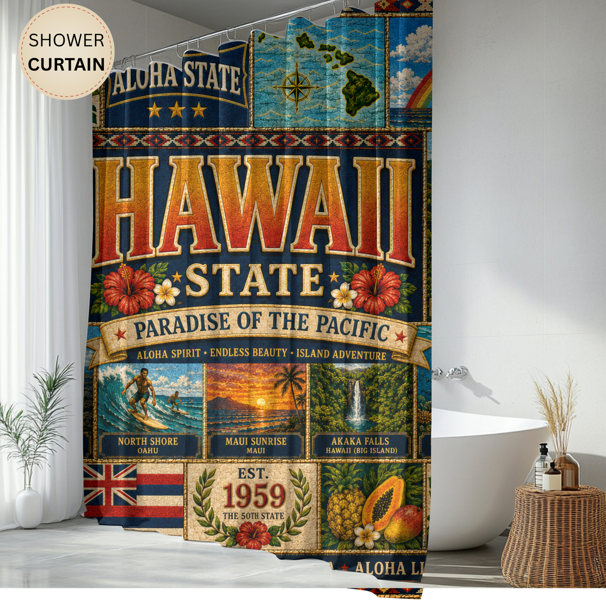Hawaii Shower Curtain, Aloha State Decor, Tropical Island Faux Patchwork, Hawaiian Landmark Bathroom Decor