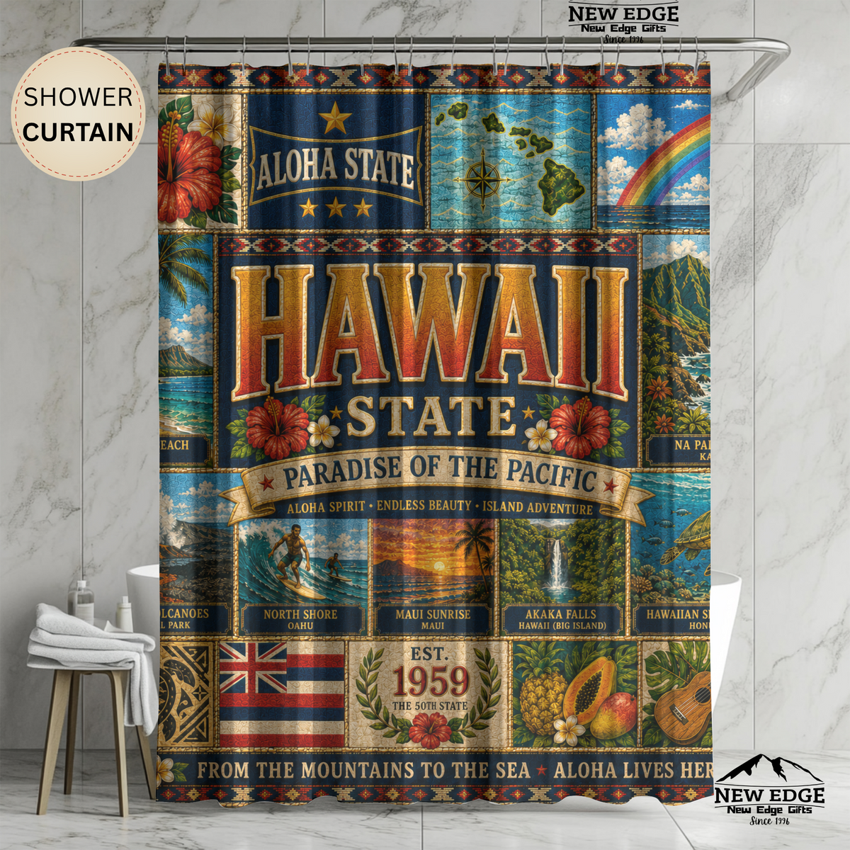 Hawaii Shower Curtain, Aloha State Decor, Tropical Island Faux Patchwork, Hawaiian Landmark Bathroom Decor