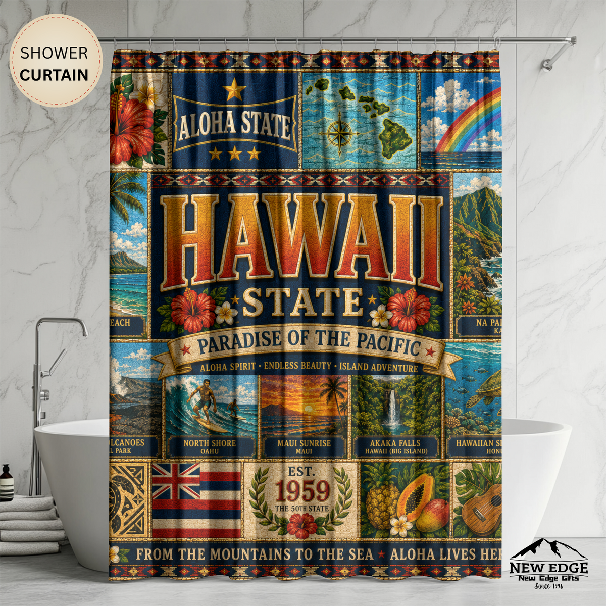 Hawaii Shower Curtain, Aloha State Decor, Tropical Island Faux Patchwork, Hawaiian Landmark Bathroom Decor
