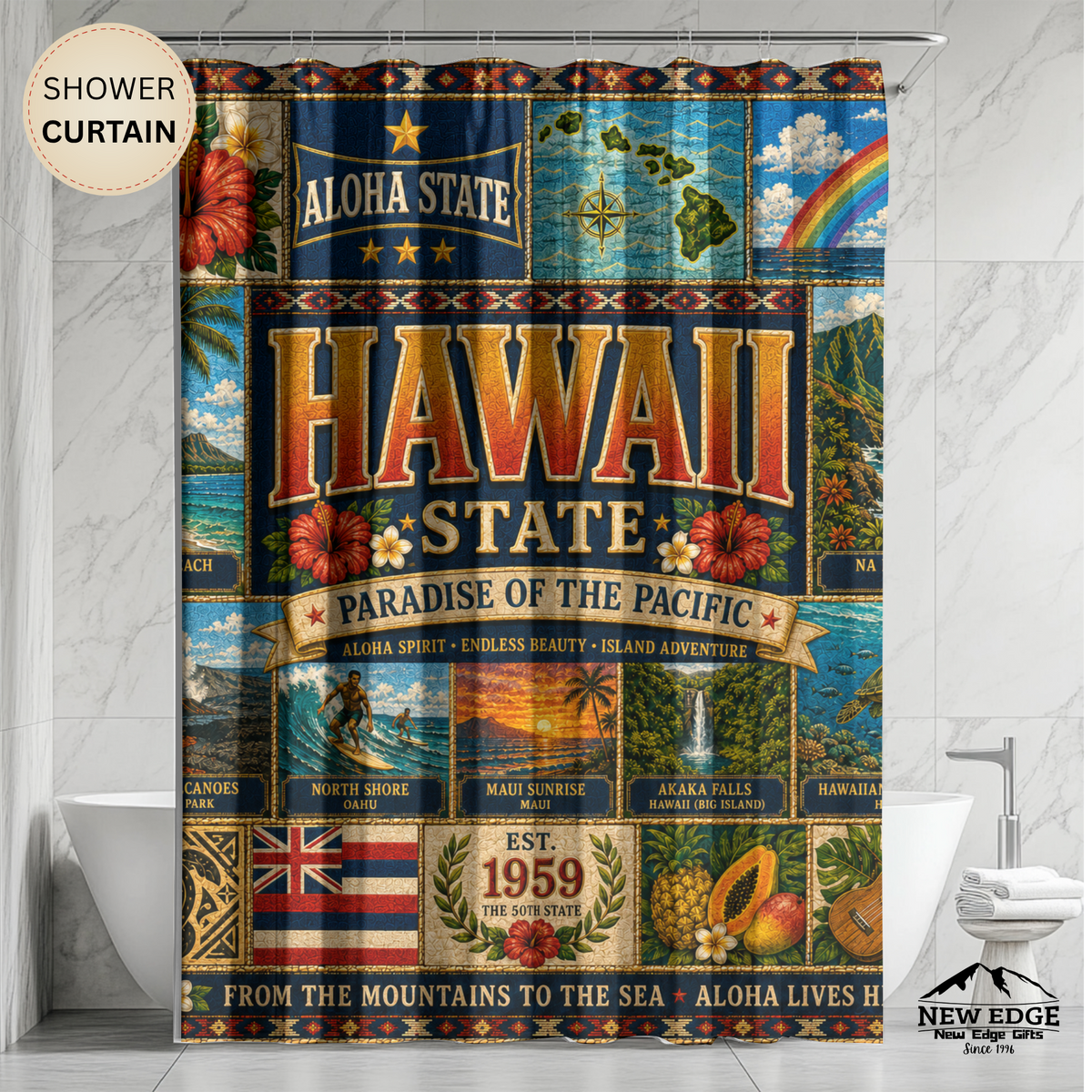 Hawaii Shower Curtain, Aloha State Decor, Tropical Island Faux Patchwork, Hawaiian Landmark Bathroom Decor