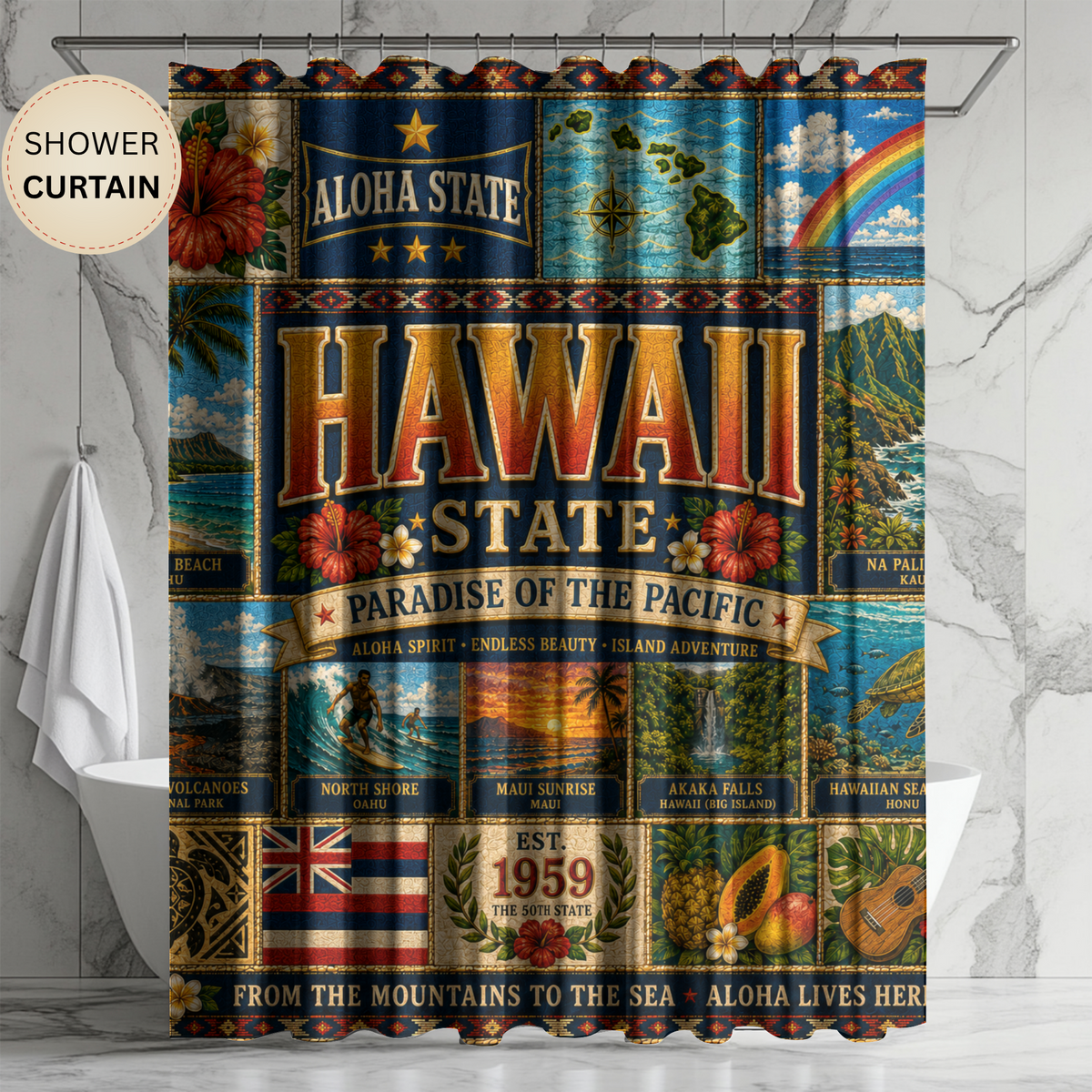 Hawaii Shower Curtain, Aloha State Decor, Tropical Island Faux Patchwork, Hawaiian Landmark Bathroom Decor