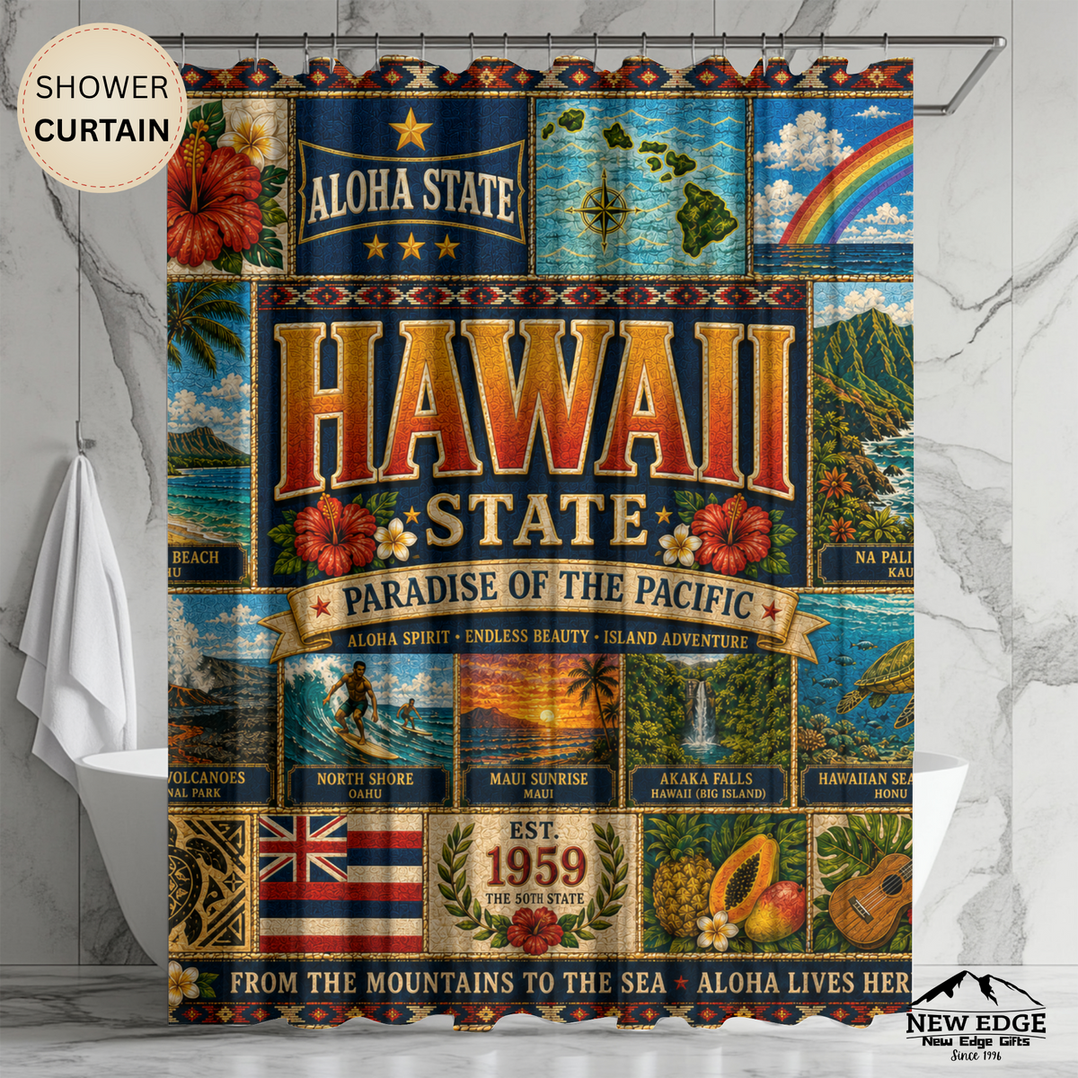 Hawaii Shower Curtain, Aloha State Decor, Tropical Island Faux Patchwork, Hawaiian Landmark Bathroom Decor