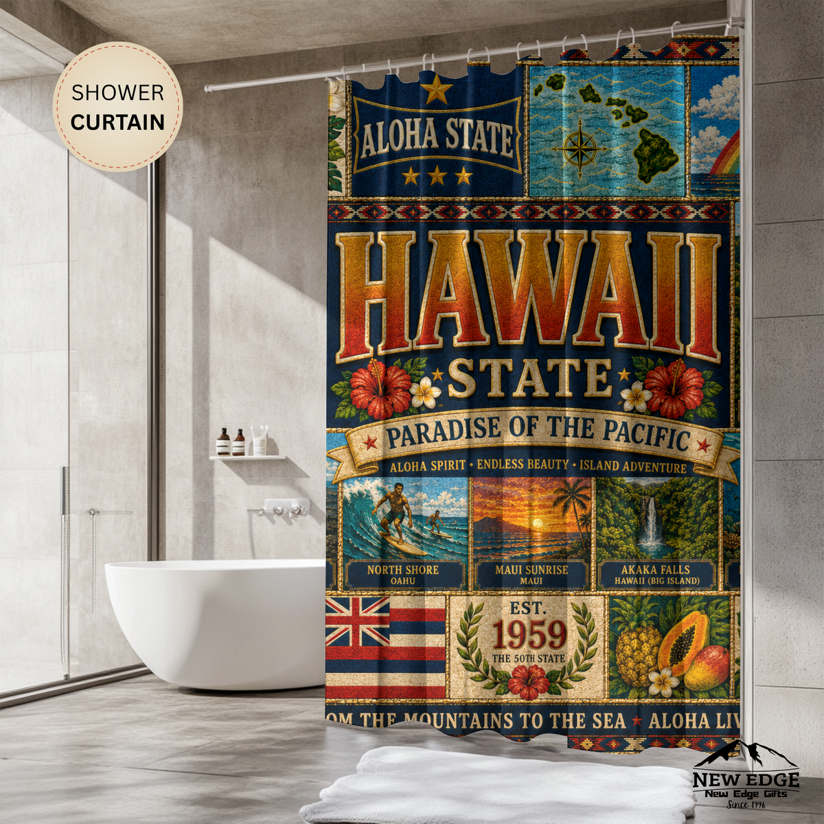 Hawaii Shower Curtain, Aloha State Decor, Tropical Island Faux Patchwork, Hawaiian Landmark Bathroom Decor