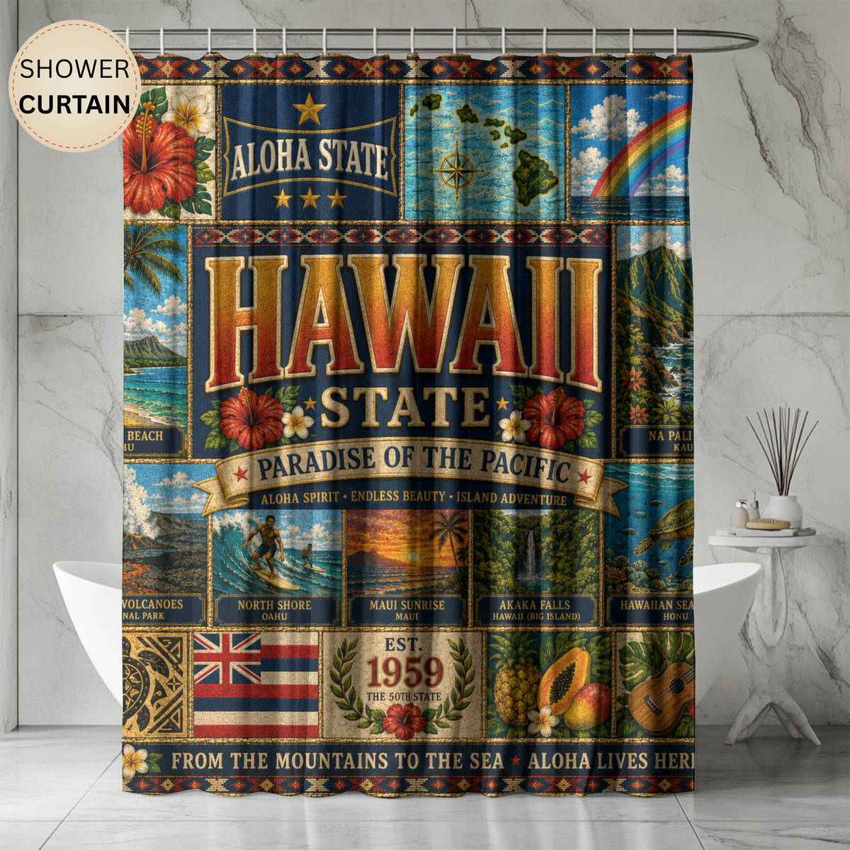 Hawaii Shower Curtain, Aloha State Decor, Tropical Island Faux Patchwork, Hawaiian Landmark Bathroom Decor