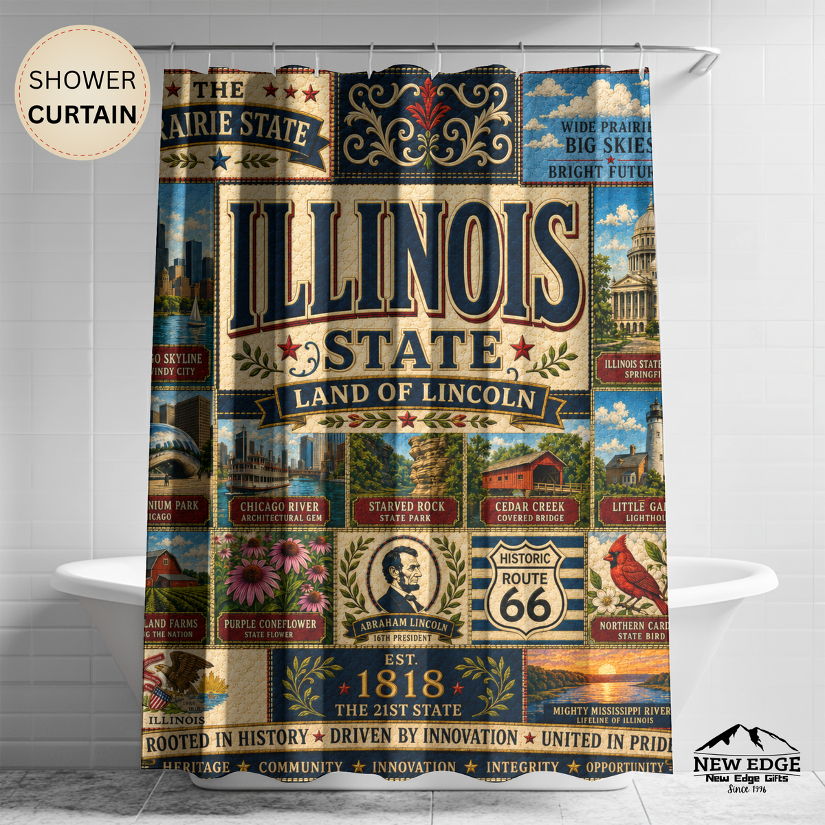 Illinois Shower Curtain, Land of Lincoln Decor, Chicago Route 66 Faux Patchwork, Prairie State Bathroom Decor